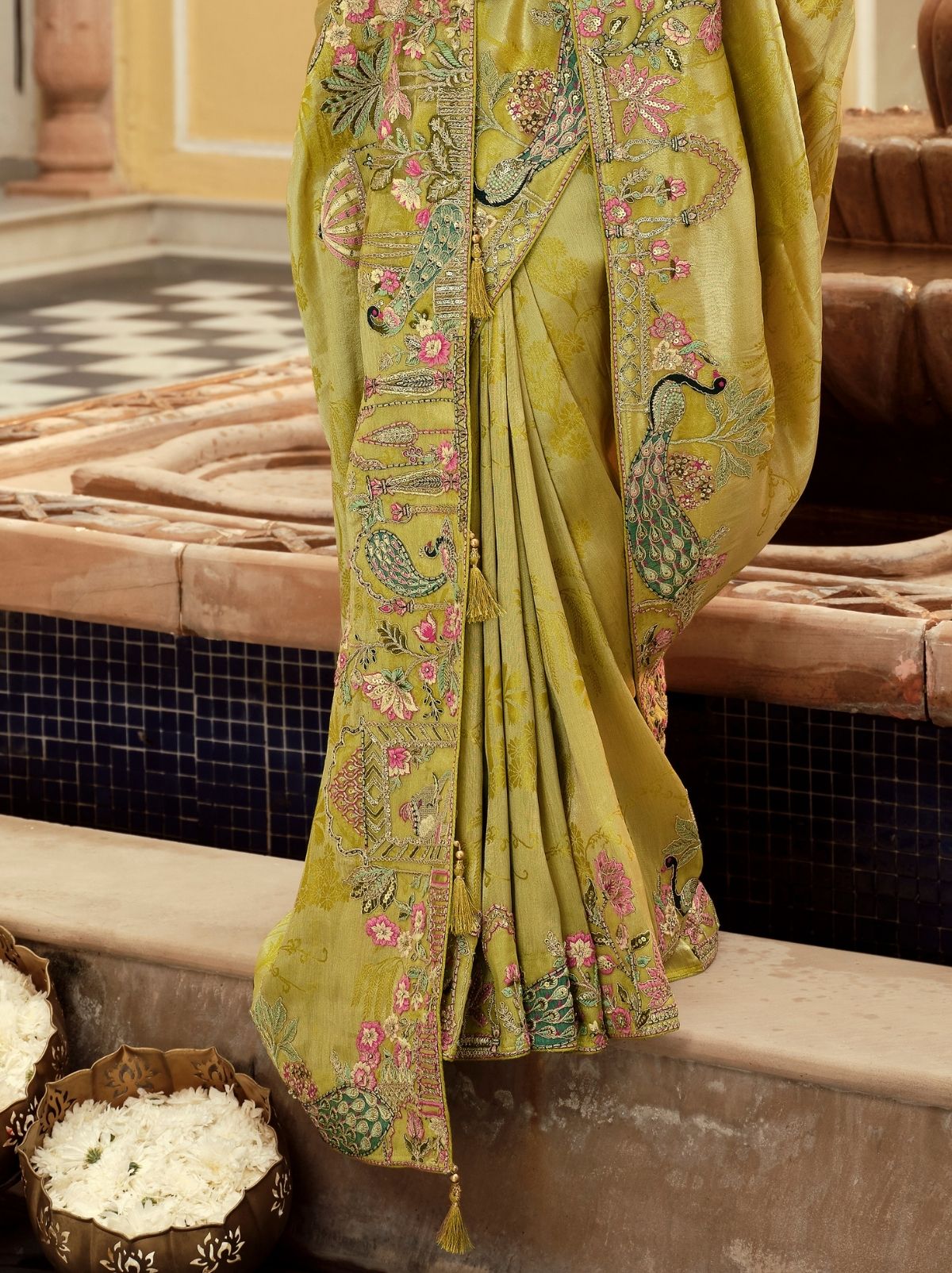 Apple Green Fine Soft Silk Saree with Heavy Embroidery Work - TrendOye