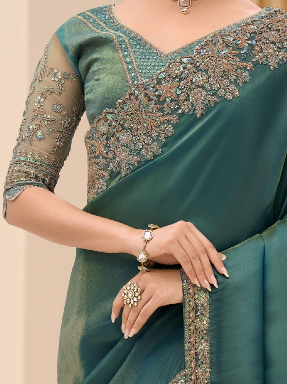Pine Green Exclusive Party Wear Saree with Sequin Work - TrendOye