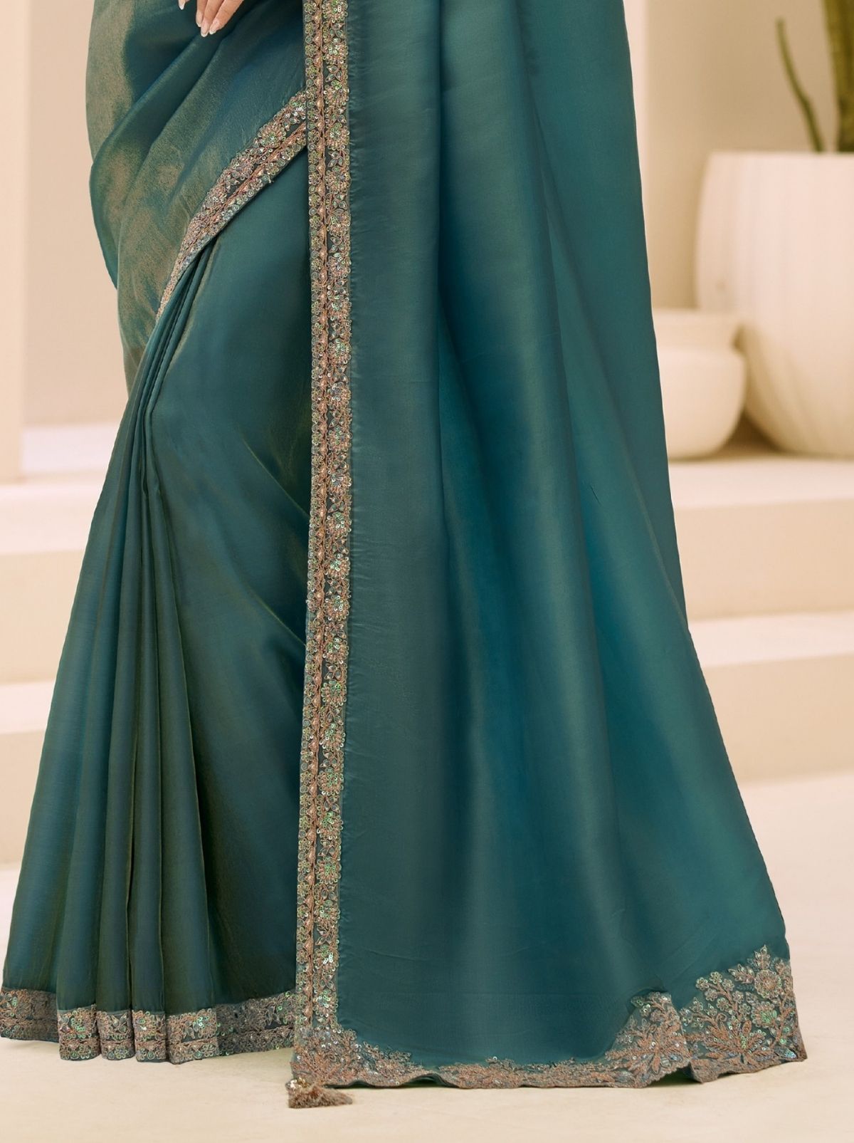 Pine Green Exclusive Party Wear Saree with Sequin Work - TrendOye