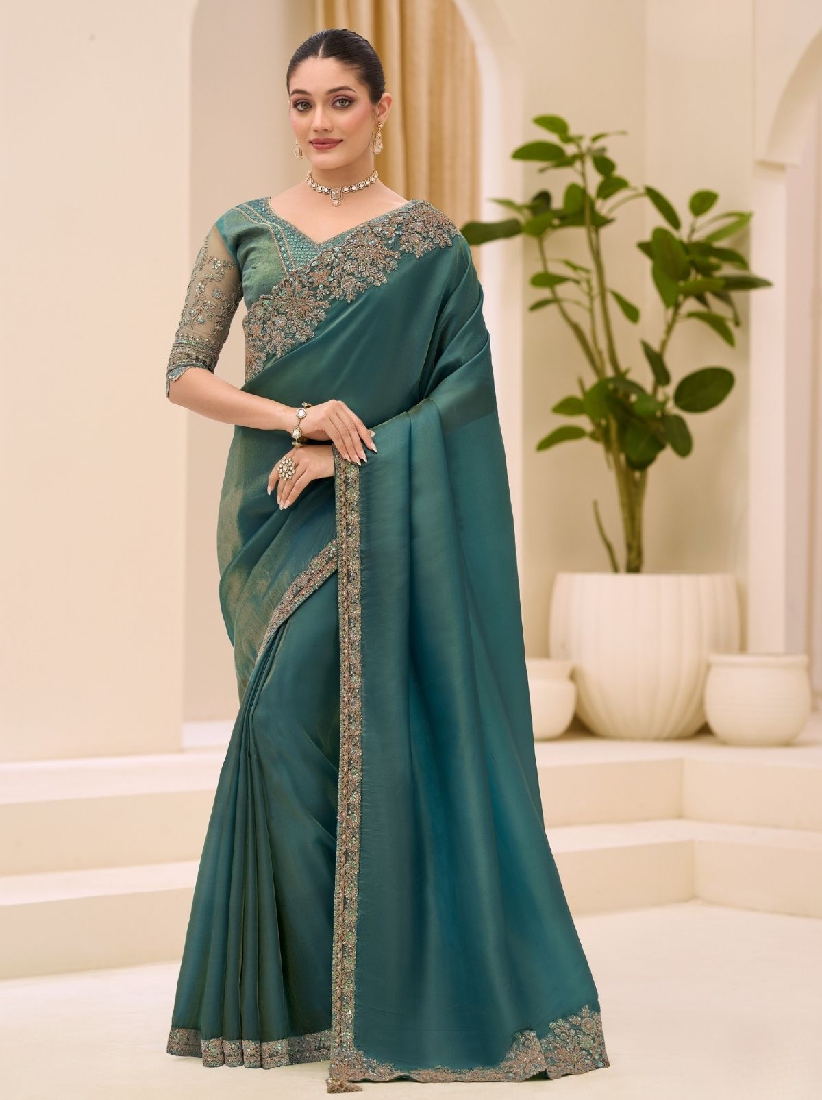Pine Green Exclusive Party Wear Saree with Sequin Work - TrendOye