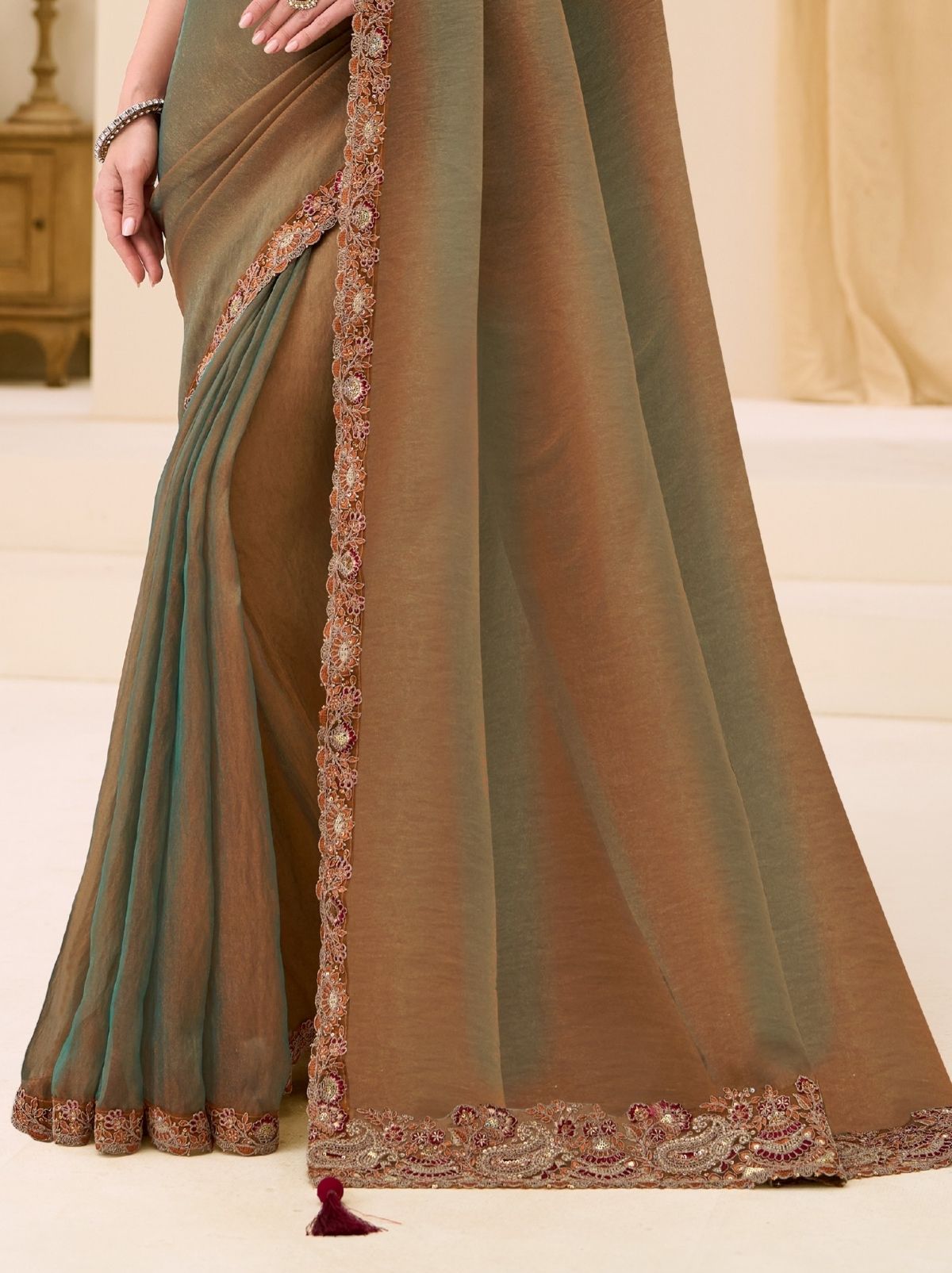 Moss Green Exclusive Party Wear Saree with Sequin Work - TrendOye