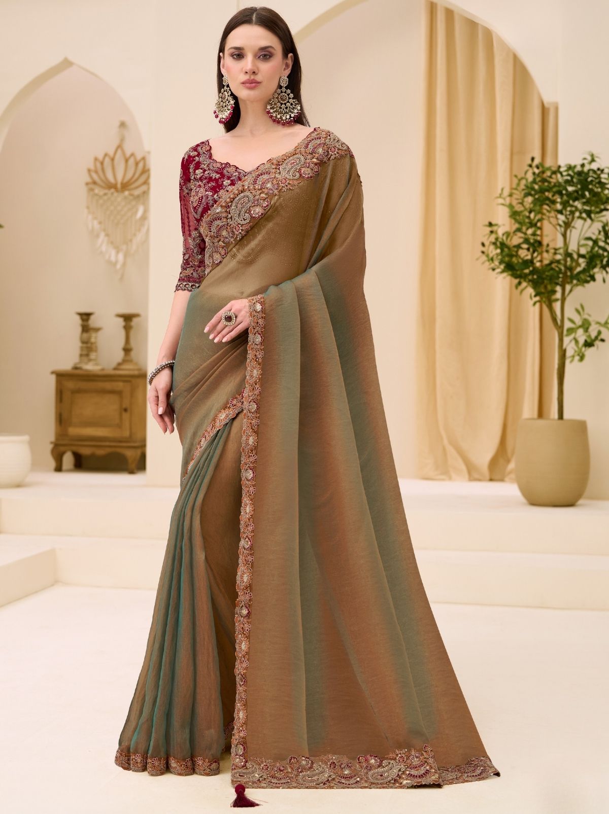 Moss Green Exclusive Party Wear Saree with Sequin Work - TrendOye
