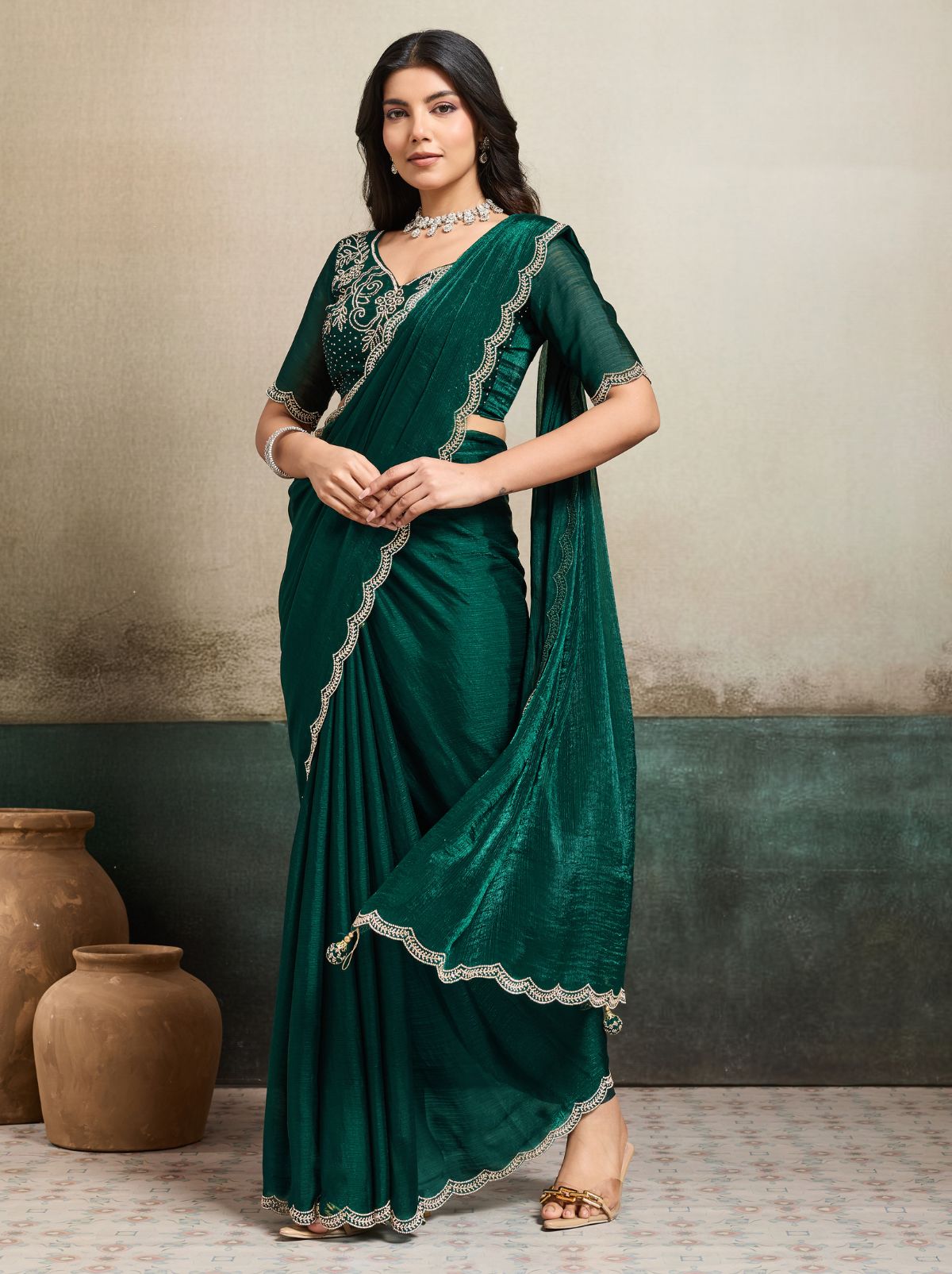Bottle Green Fancy Chiffon Silk Saree with Zircon Work
