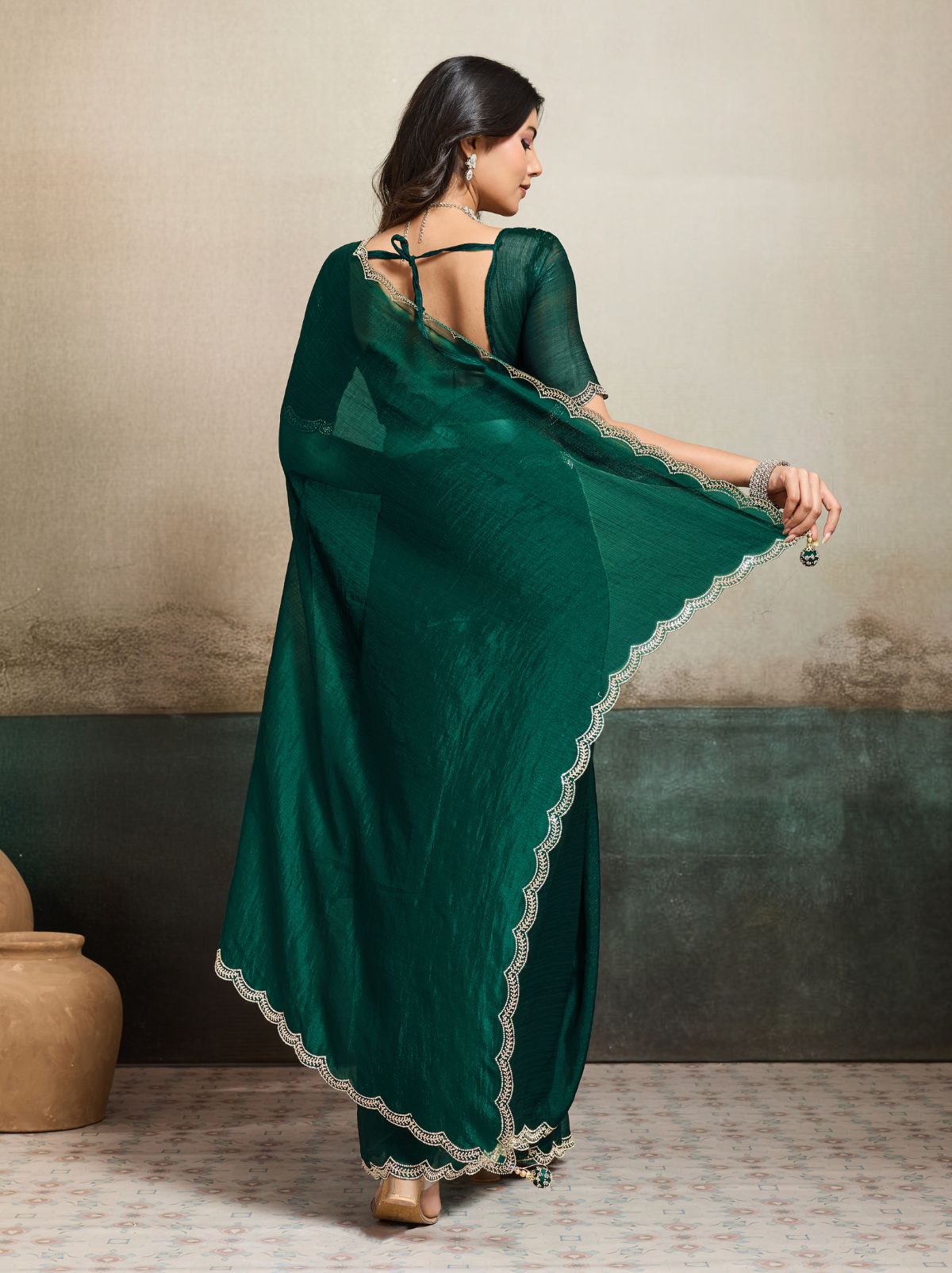 Bottle Green Fancy Chiffon Silk Saree with Zircon Work