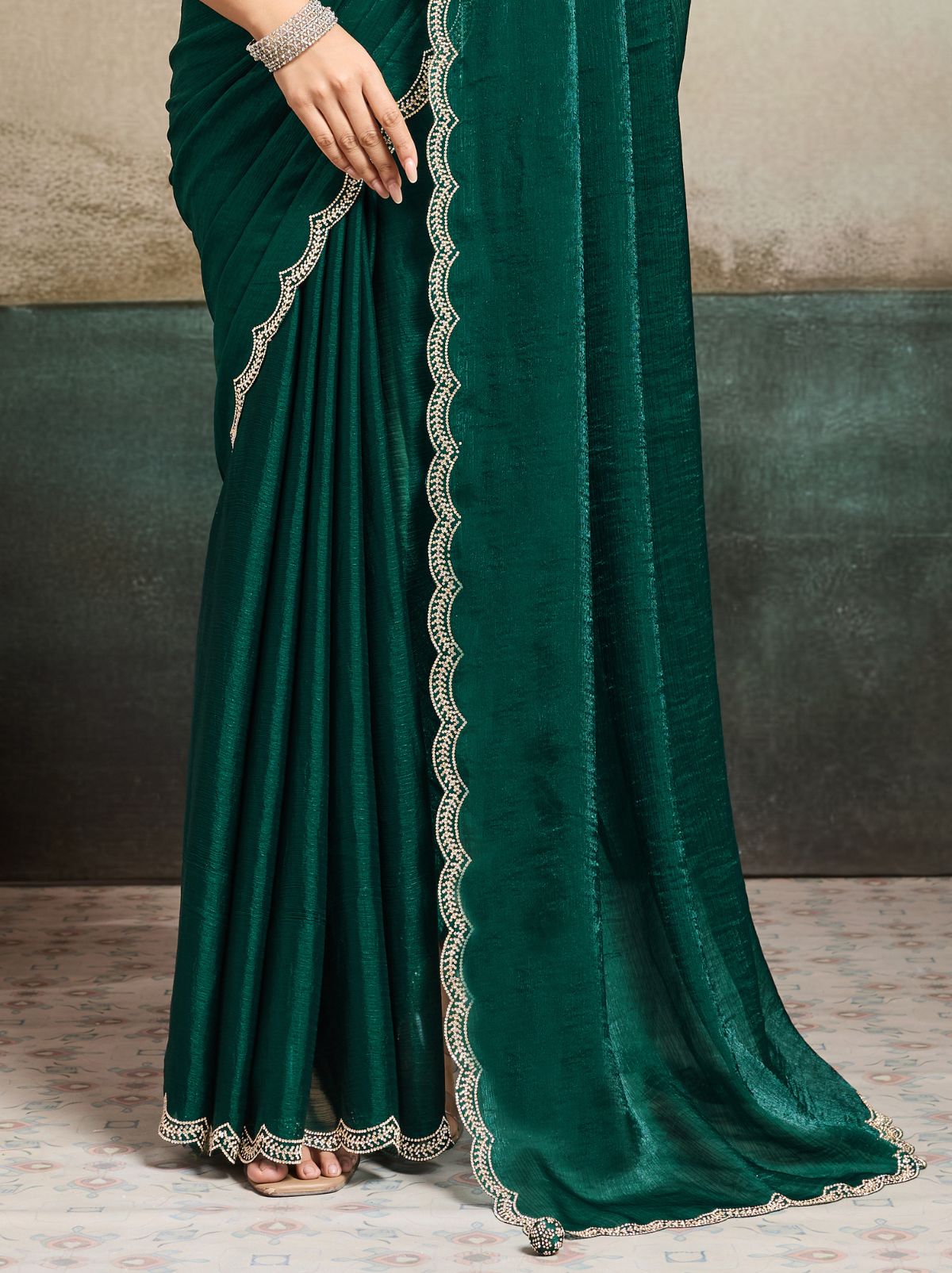 Bottle Green Fancy Chiffon Silk Saree with Zircon Work