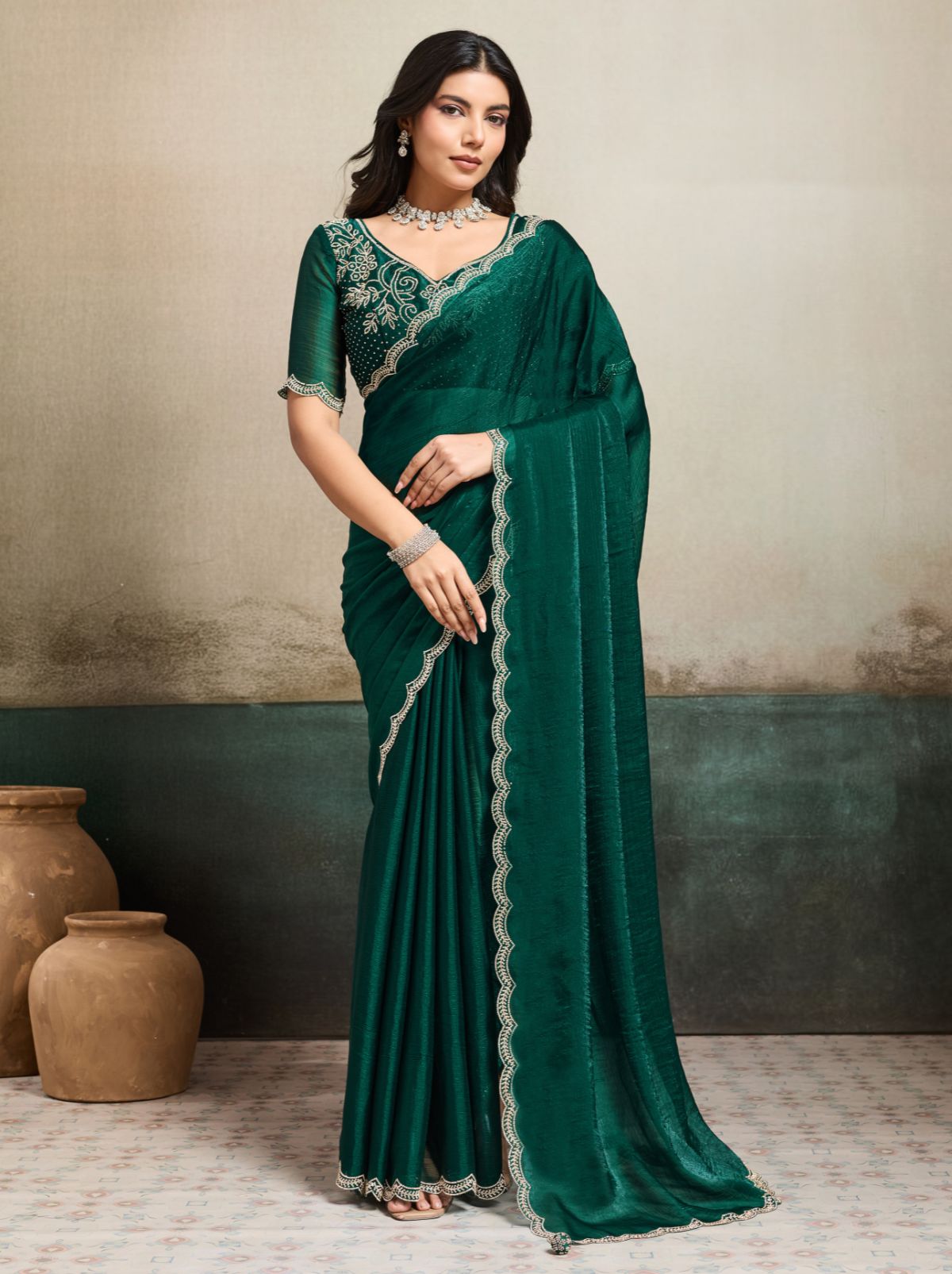 Bottle Green Fancy Chiffon Silk Saree with Zircon Work