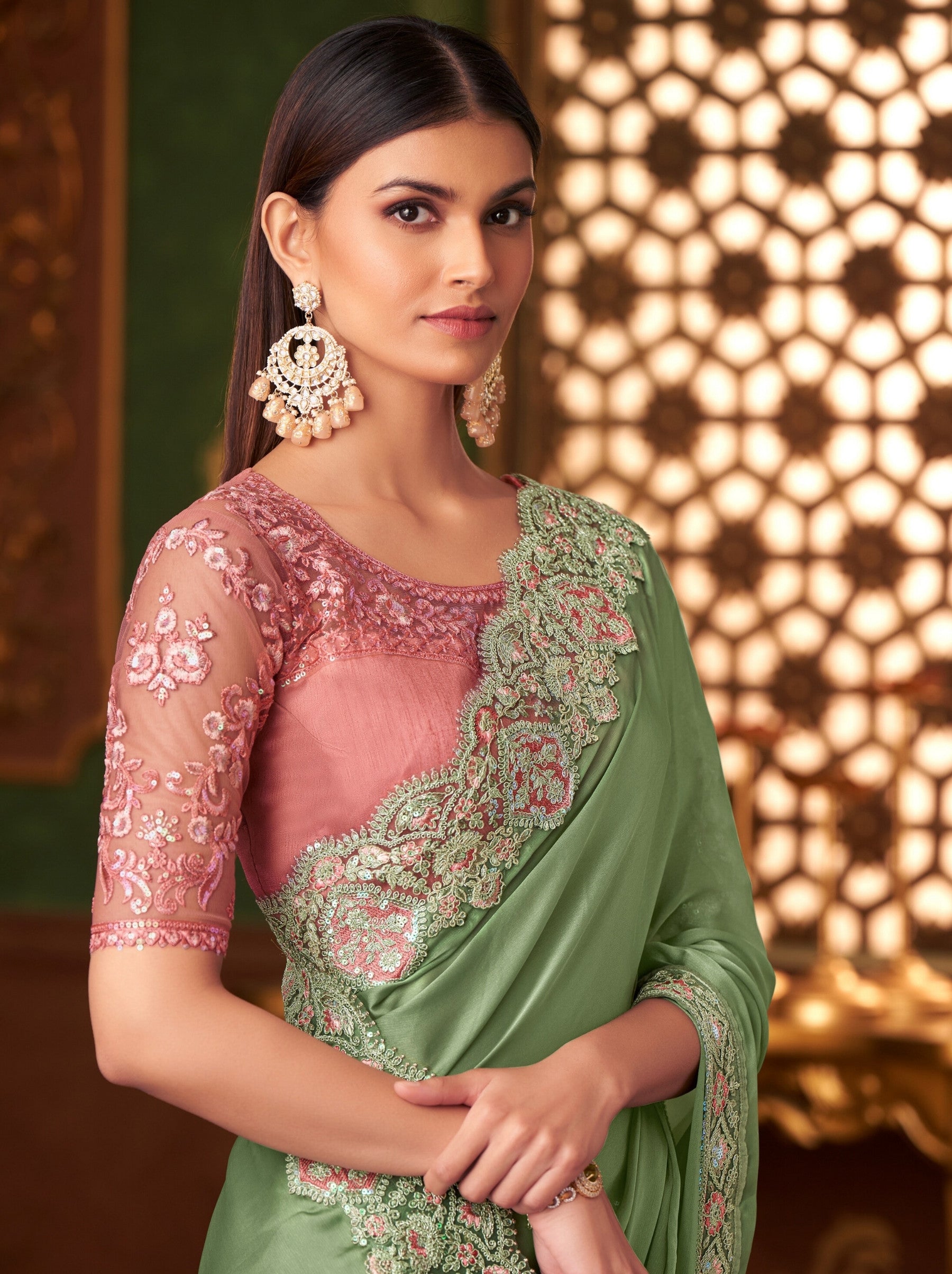 Mint Green Party Designer Saree - TrendOye