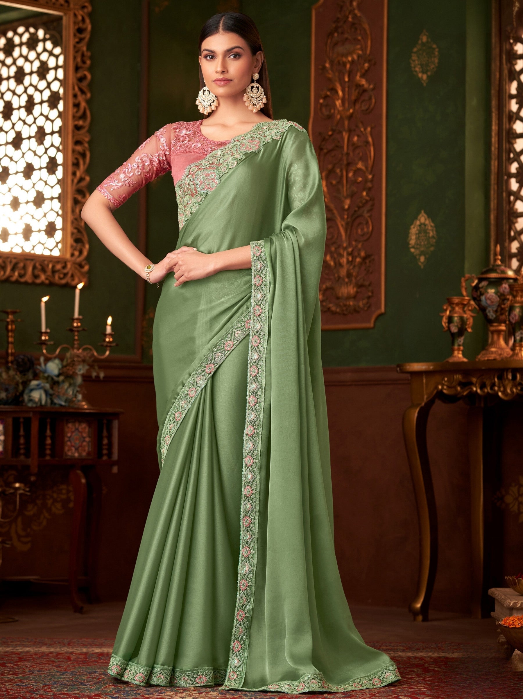Mint Green Party Designer Saree - TrendOye