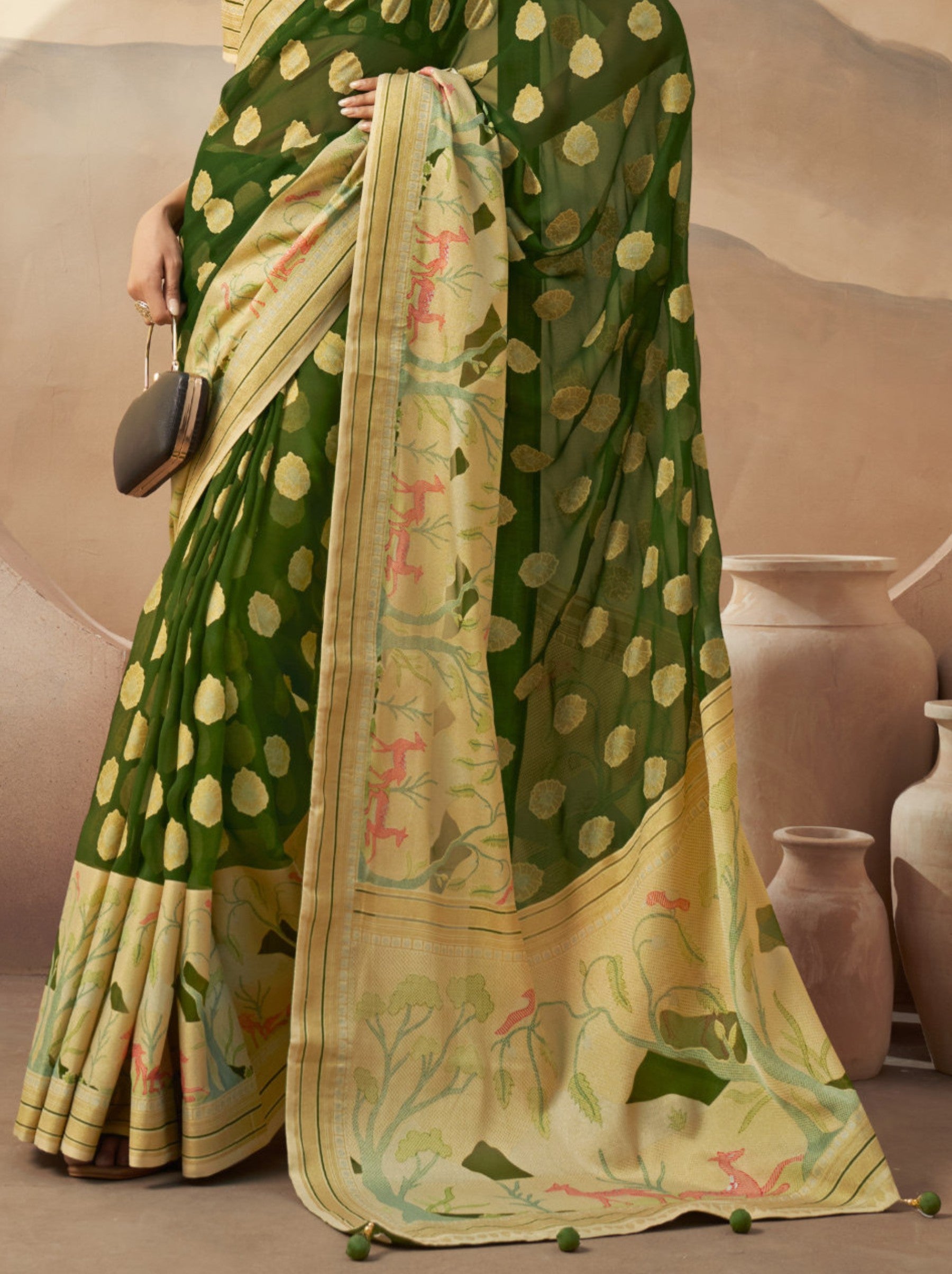 Jungle Green Celebration Saree - TrendOye