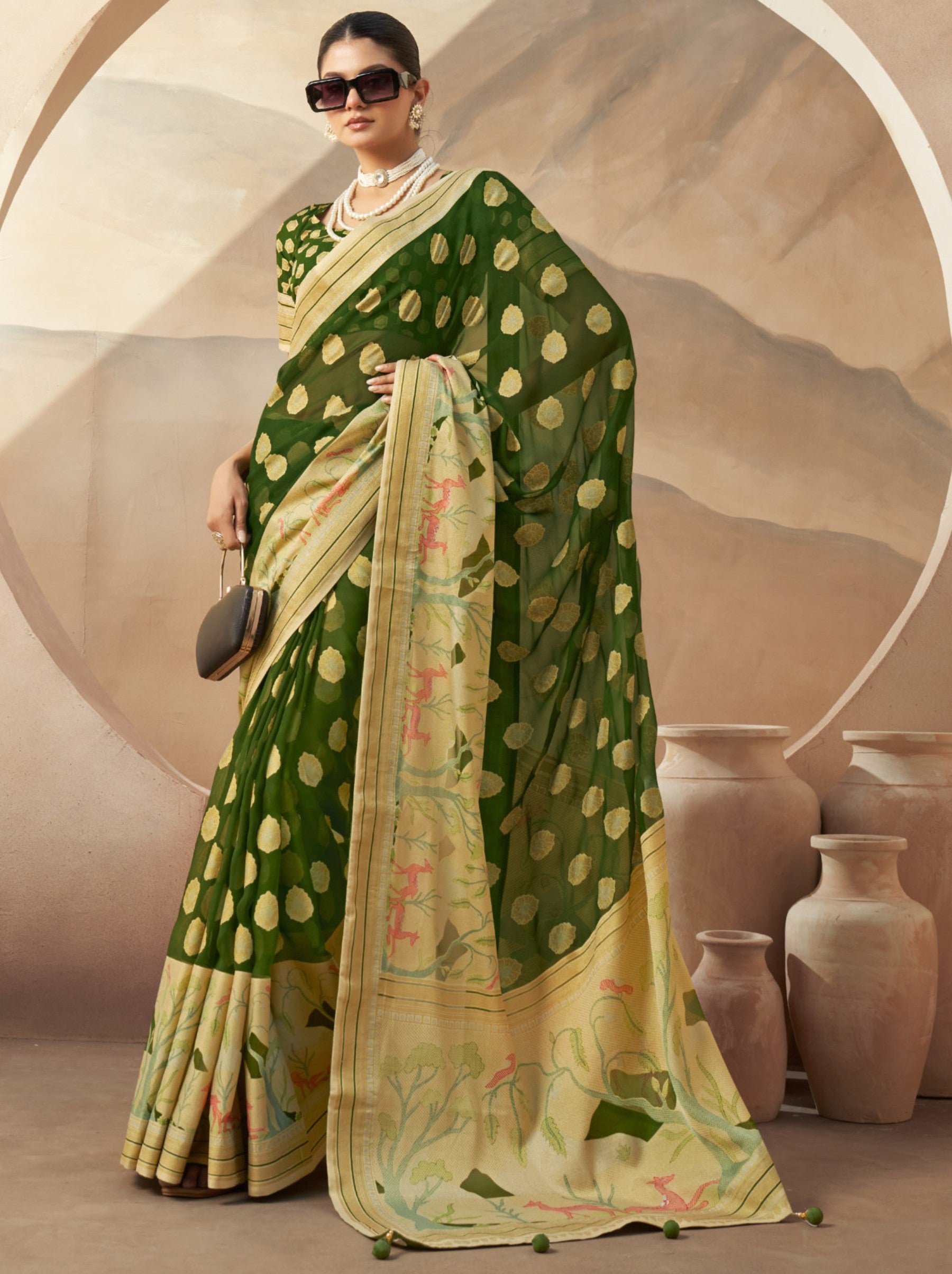 Jungle Green Celebration Saree - TrendOye