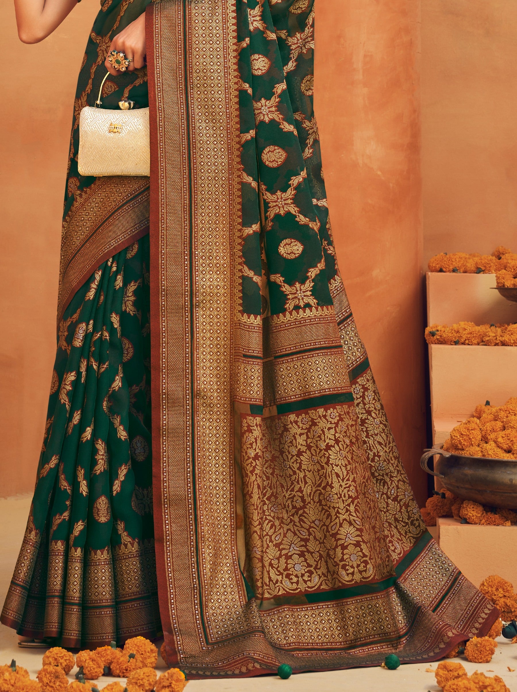 Pine Green Georgette Festive Saree - TrendOye