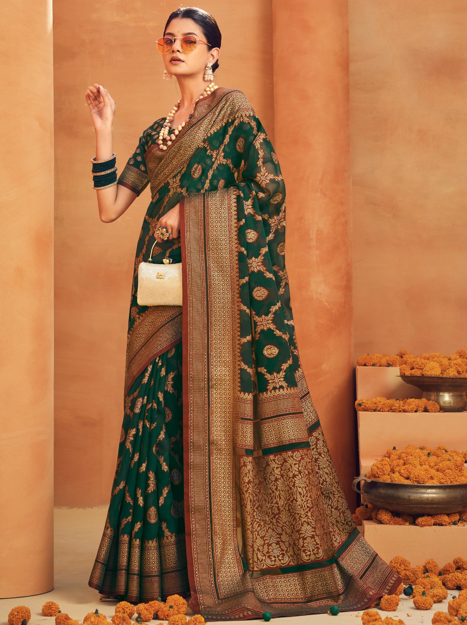 Pine Green Georgette Festive Saree - TrendOye