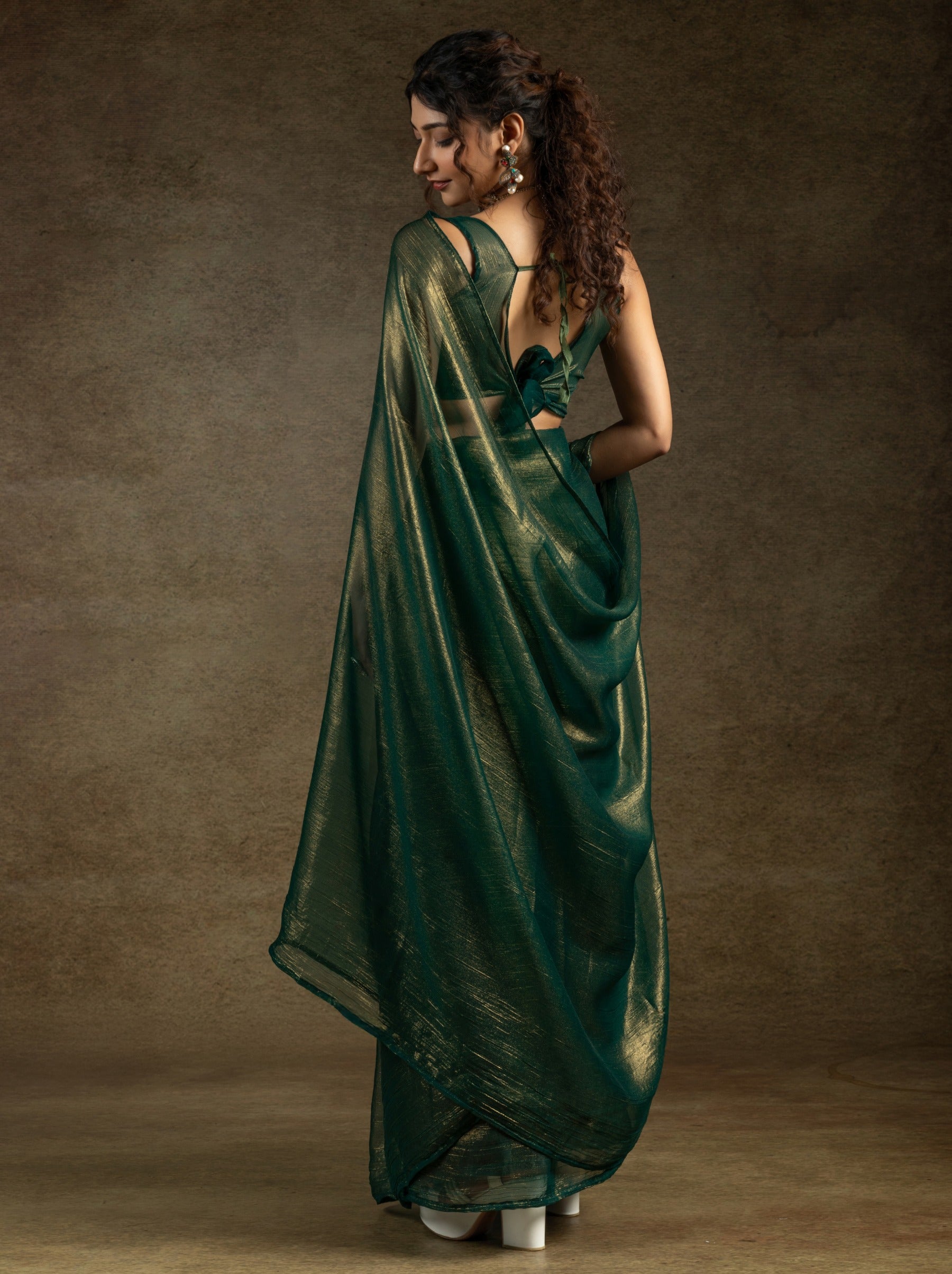 Forest Green Ready to Wear Party Saree With Blouse Piece - TrendOye