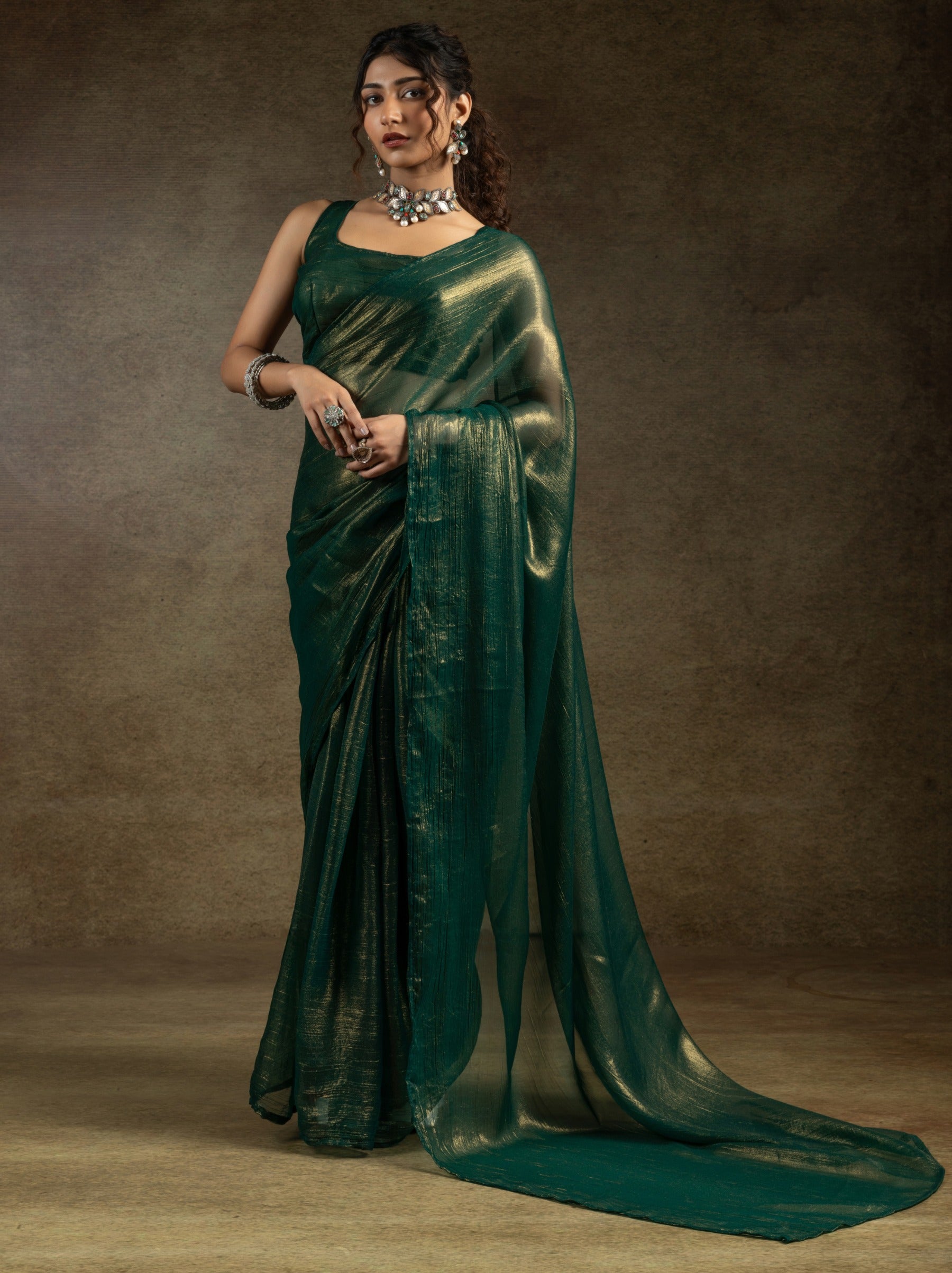 Forest Green Ready to Wear Party Saree With Blouse Piece - TrendOye
