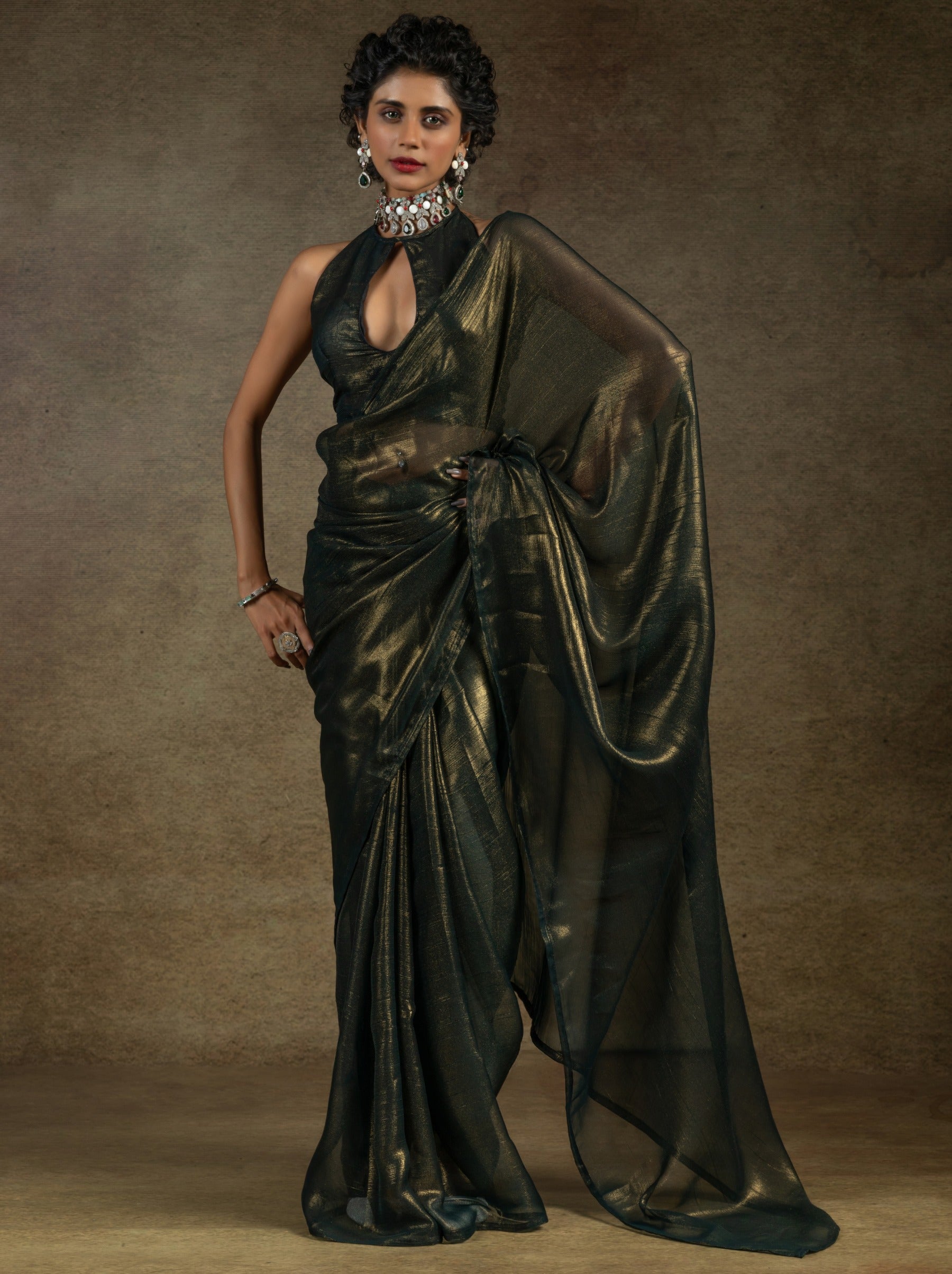 Army Green Ready to Wear Party Saree With Blouse Piece - TrendOye