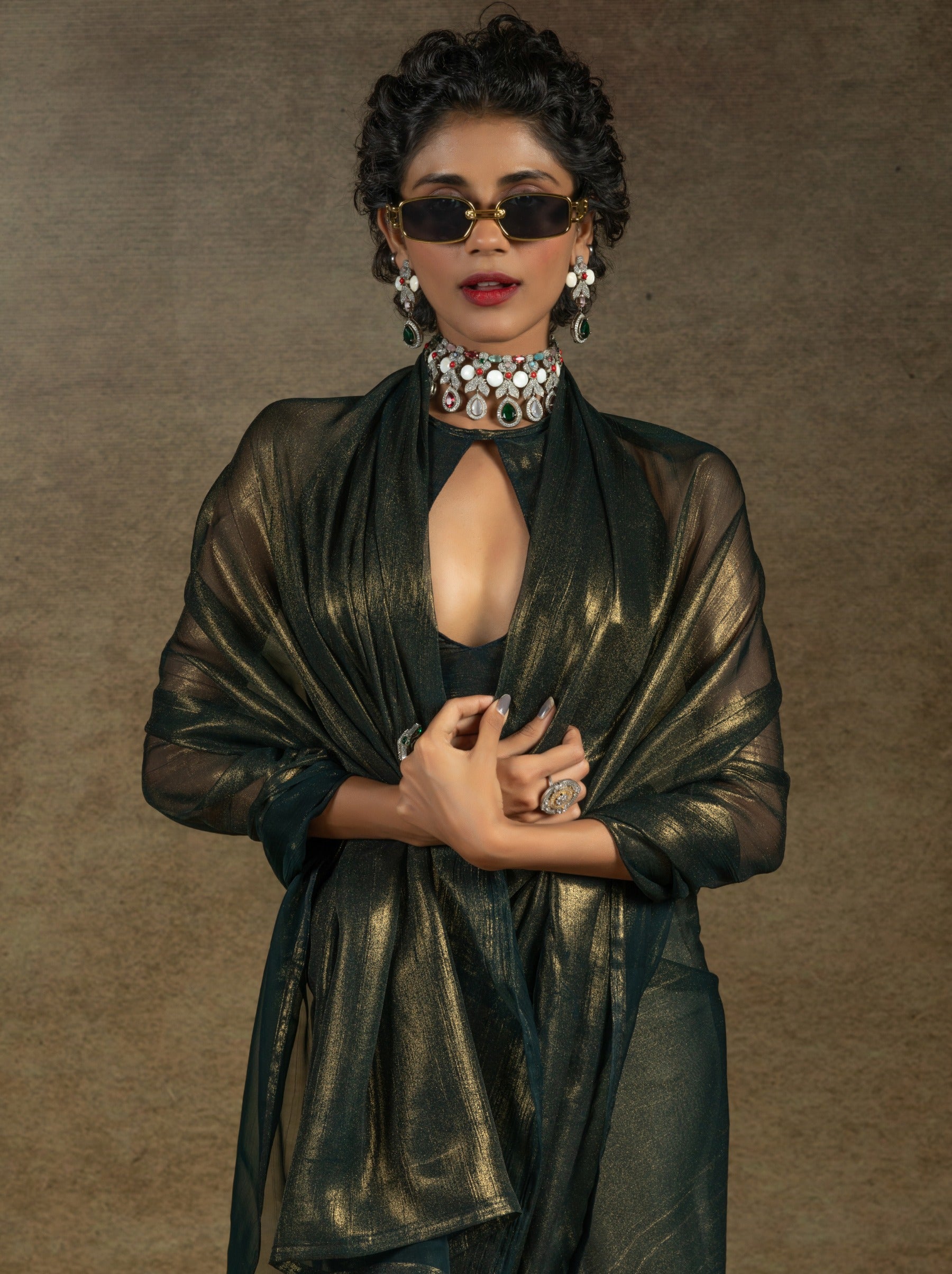 Army Green Ready to Wear Party Saree With Blouse Piece - TrendOye