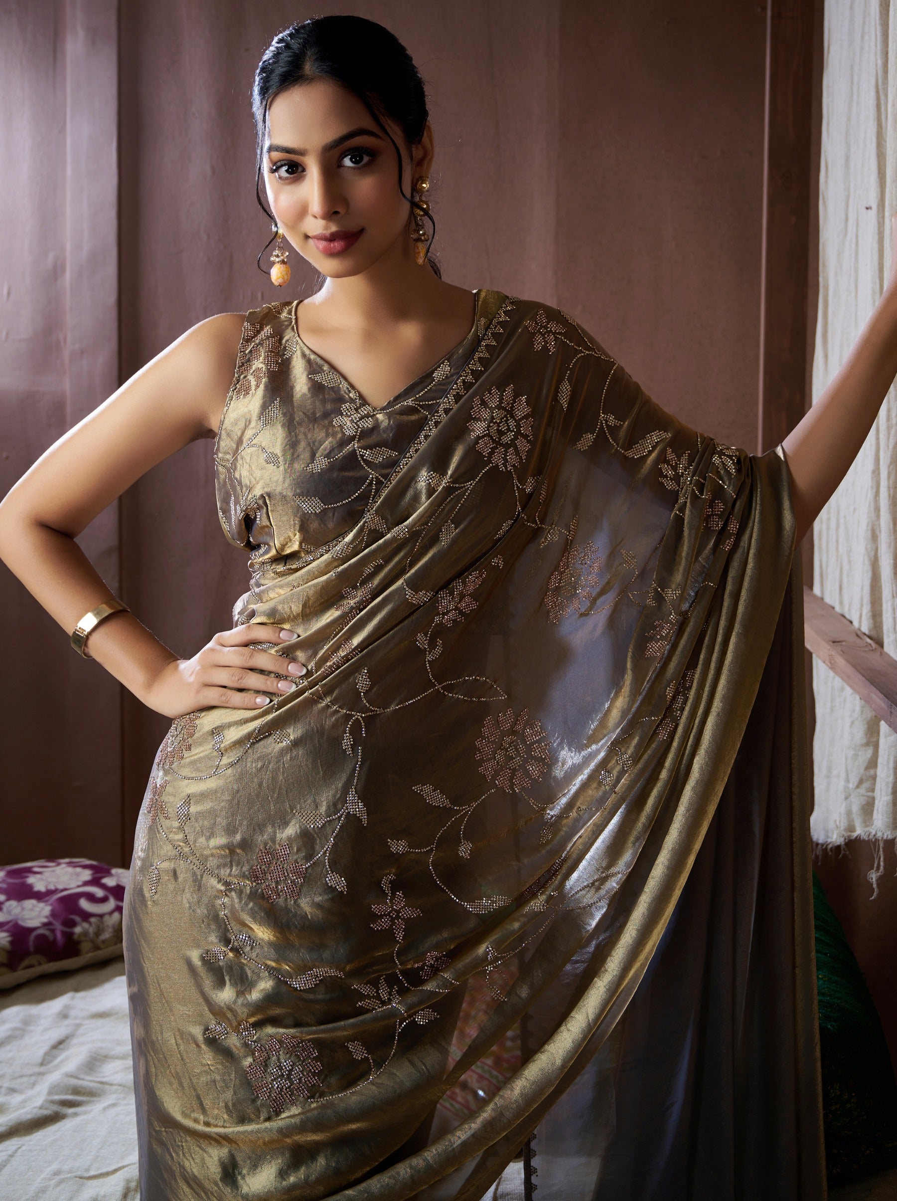 Uniform Green Fancy Premium Satin Silk Party Saree - TrendOye