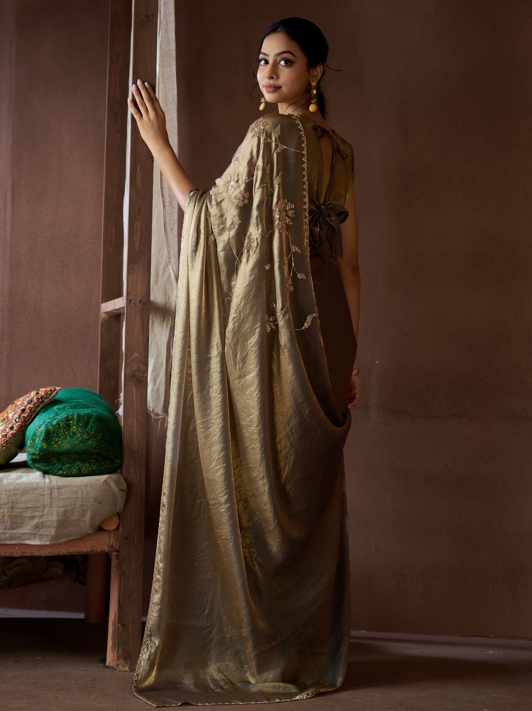 Uniform Green Fancy Premium Satin Silk Party Saree - TrendOye