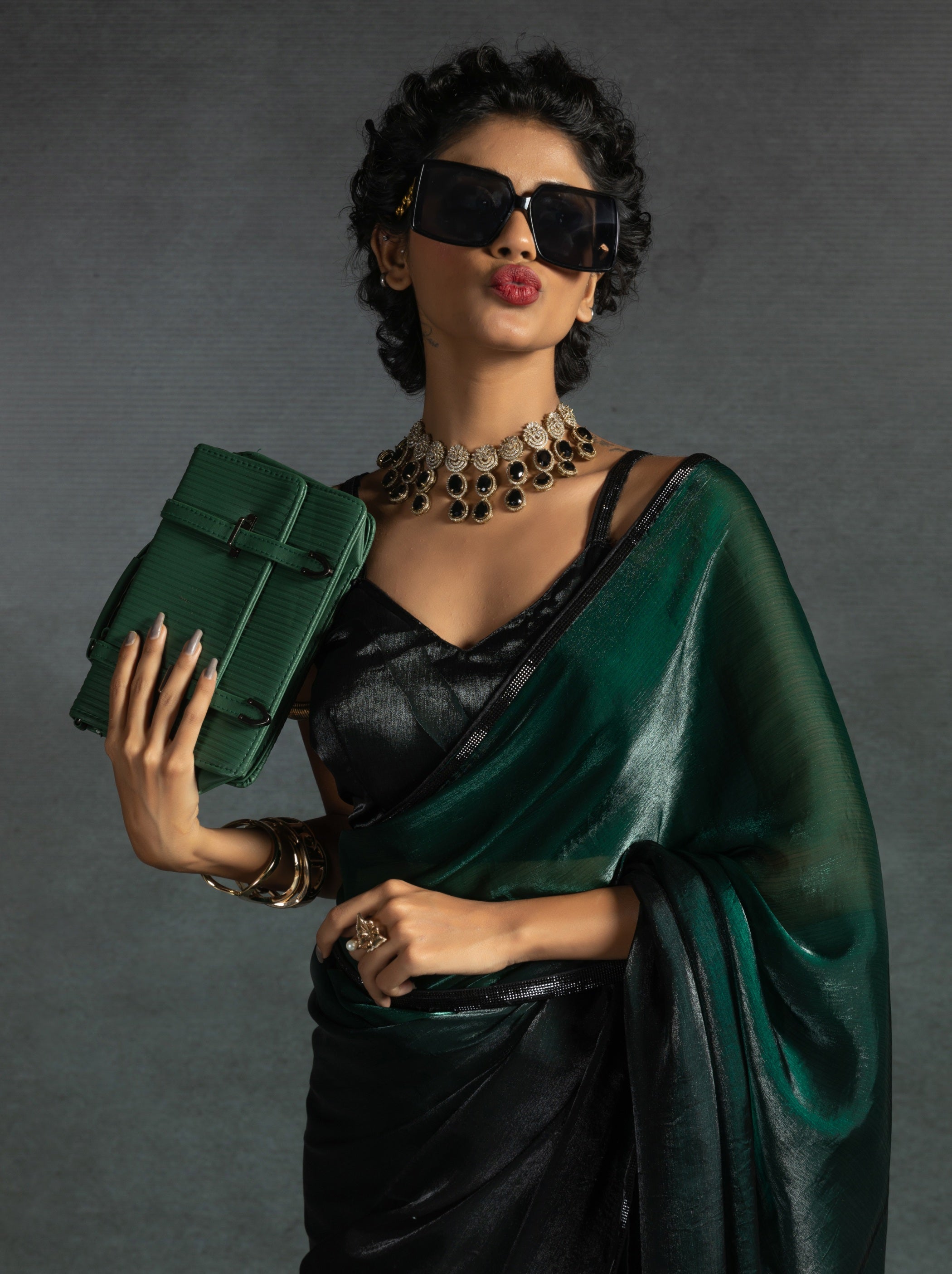 Dark Green Fancy Ready to Wear Saree With Stone Work Border - TrendOye