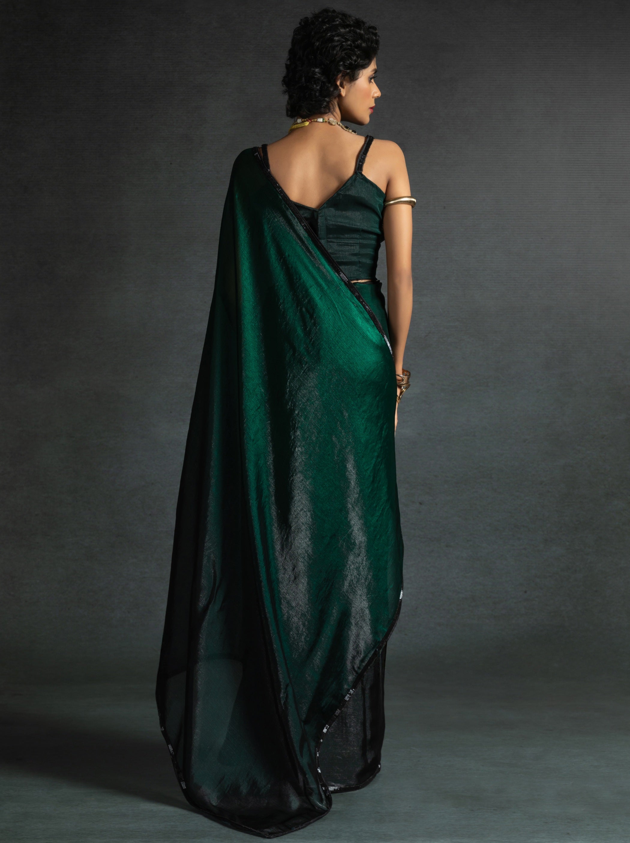 Dark Green Fancy Ready to Wear Saree With Stone Work Border - TrendOye