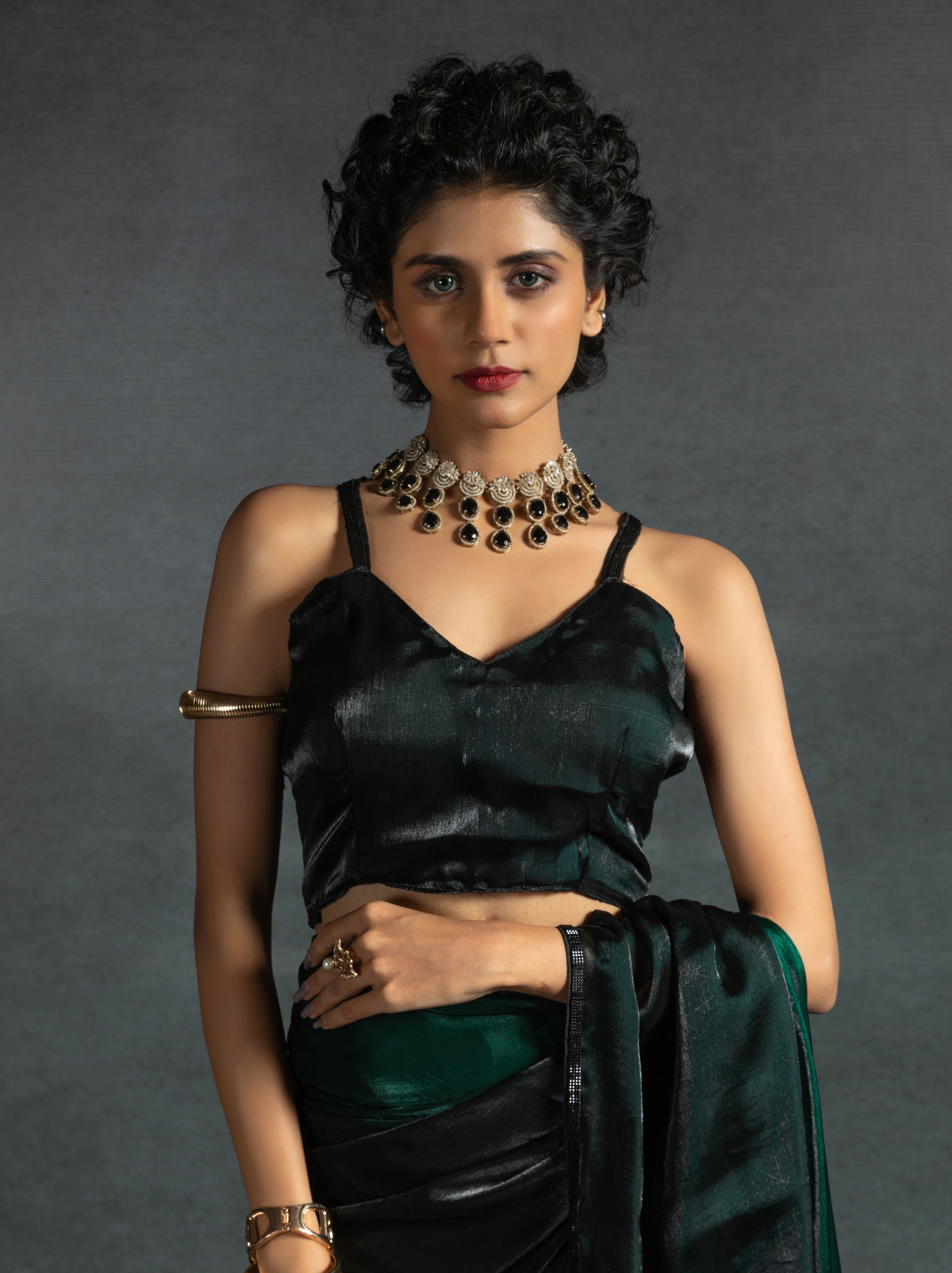 Dark Green Fancy Ready to Wear Saree With Stone Work Border - TrendOye