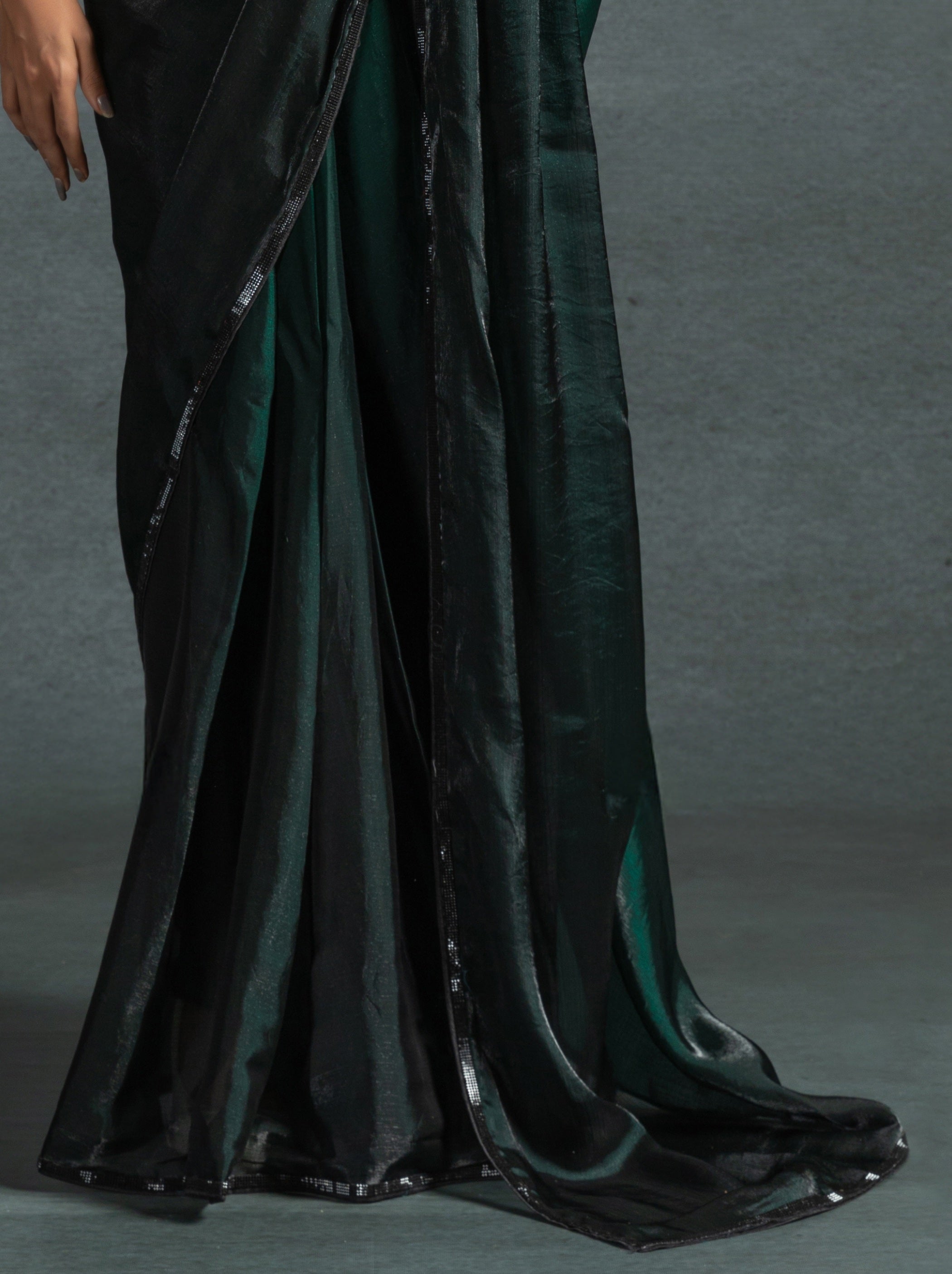 Dark Green Fancy Ready to Wear Saree With Stone Work Border - TrendOye