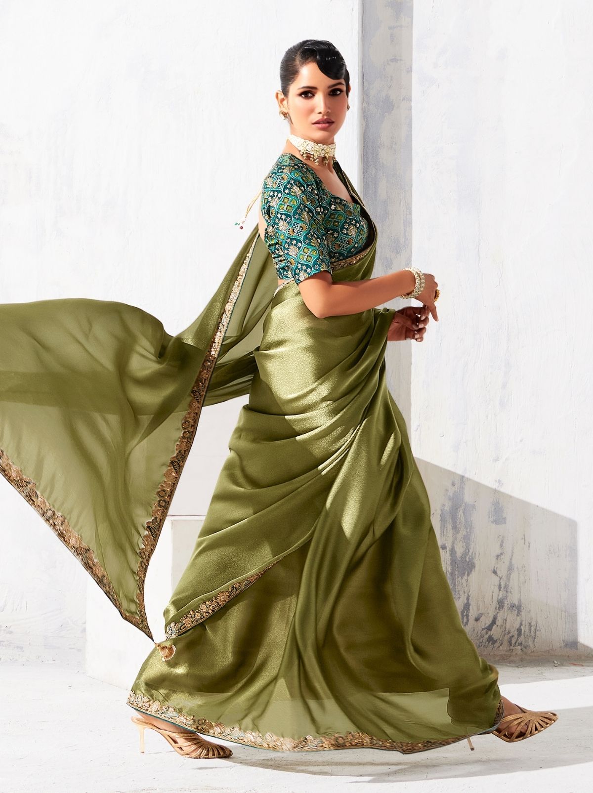 Olive Green Fancy Silk Saree with Beautiful Blouse Piece