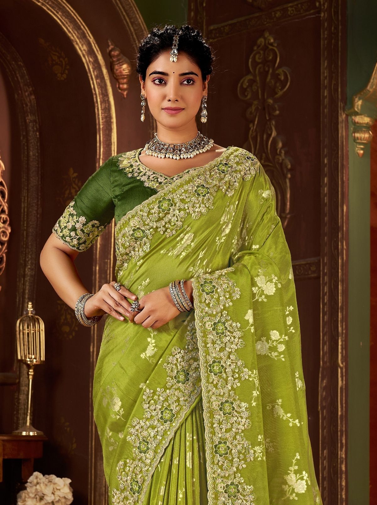 Kelly Green Fancy Silk Wedding Saree With Designer Embroidery