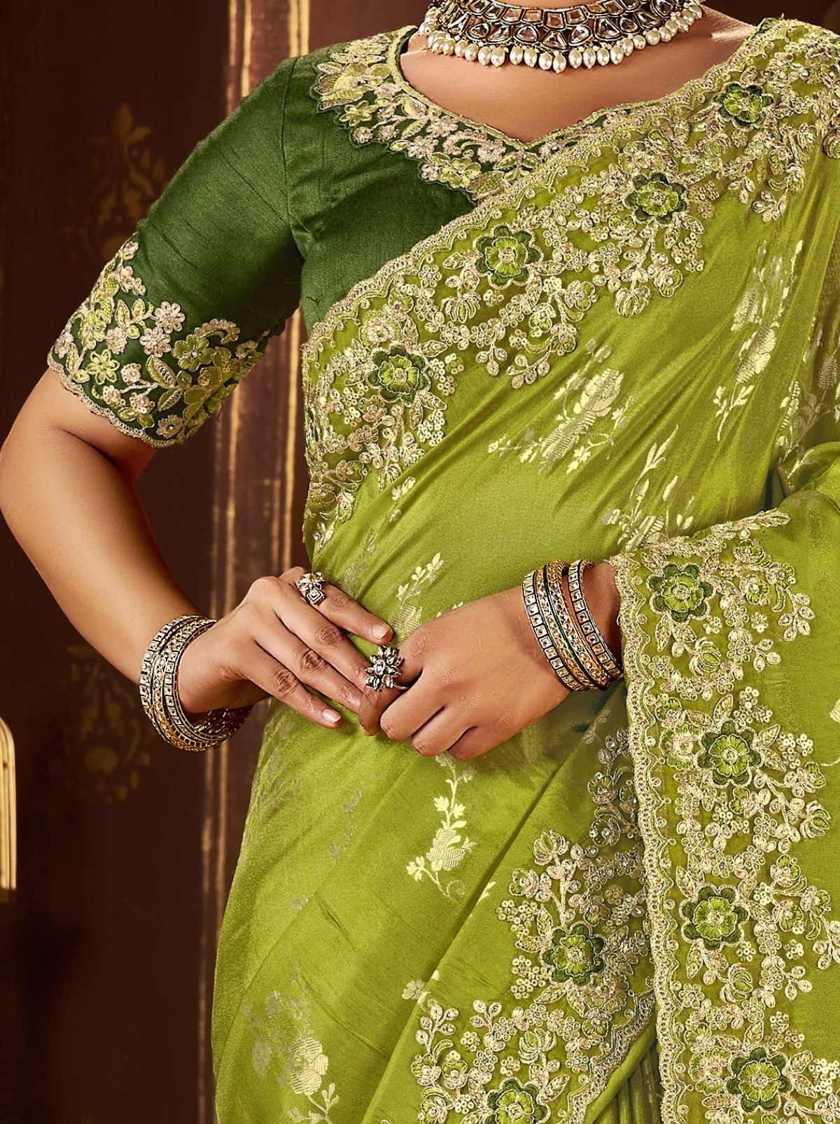 Kelly Green Fancy Silk Wedding Saree With Designer Embroidery