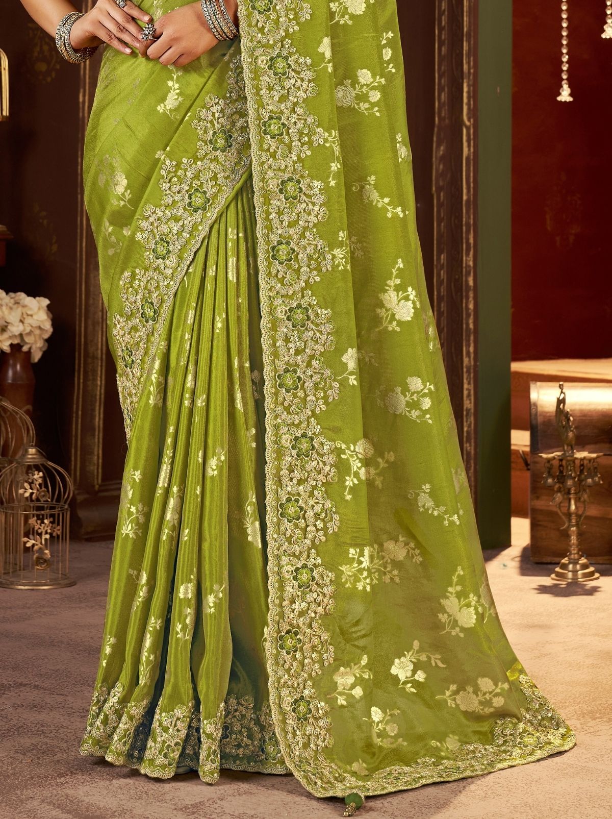 Kelly Green Fancy Silk Wedding Saree With Designer Embroidery