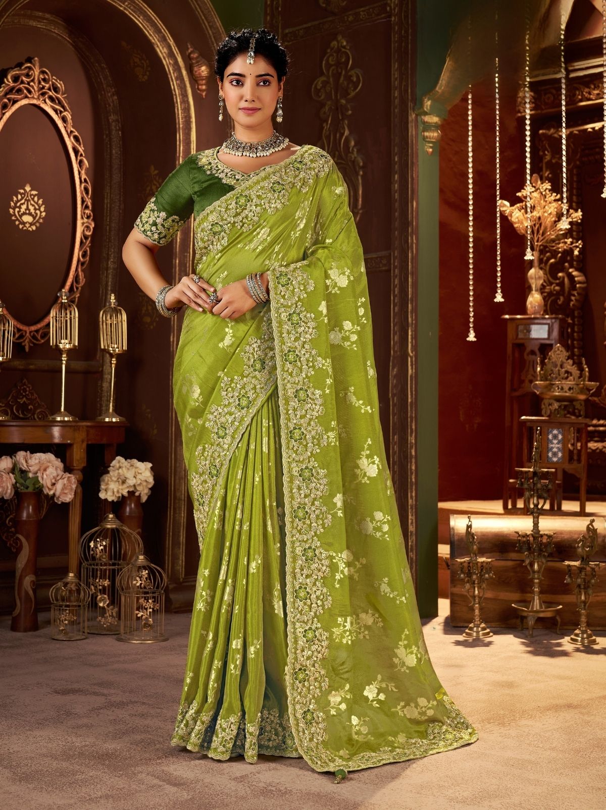 Kelly Green Fancy Silk Wedding Saree With Designer Embroidery
