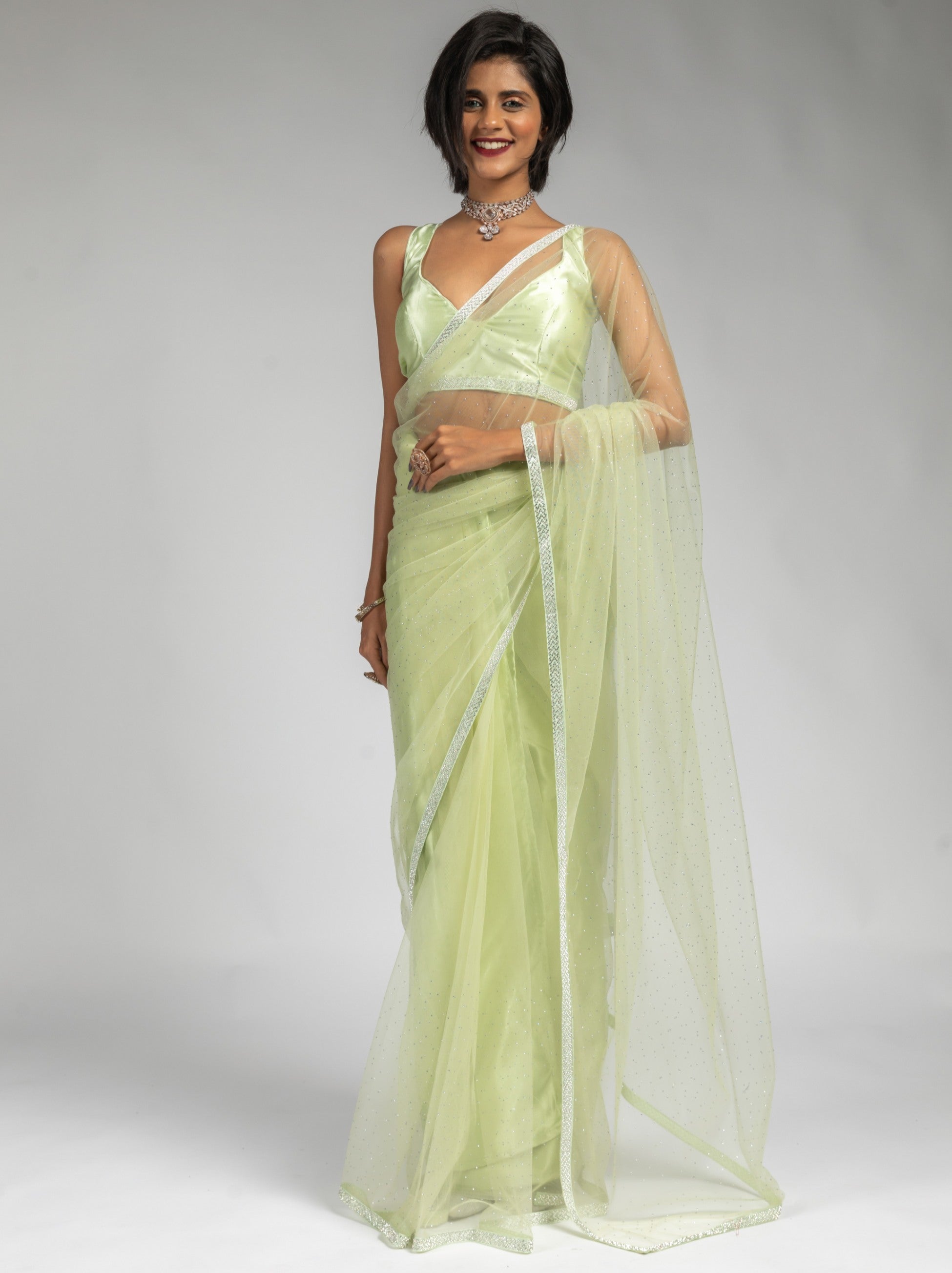 Tea Green Net Designer Ready to Wear Saree With Diamond Work - TrendOye