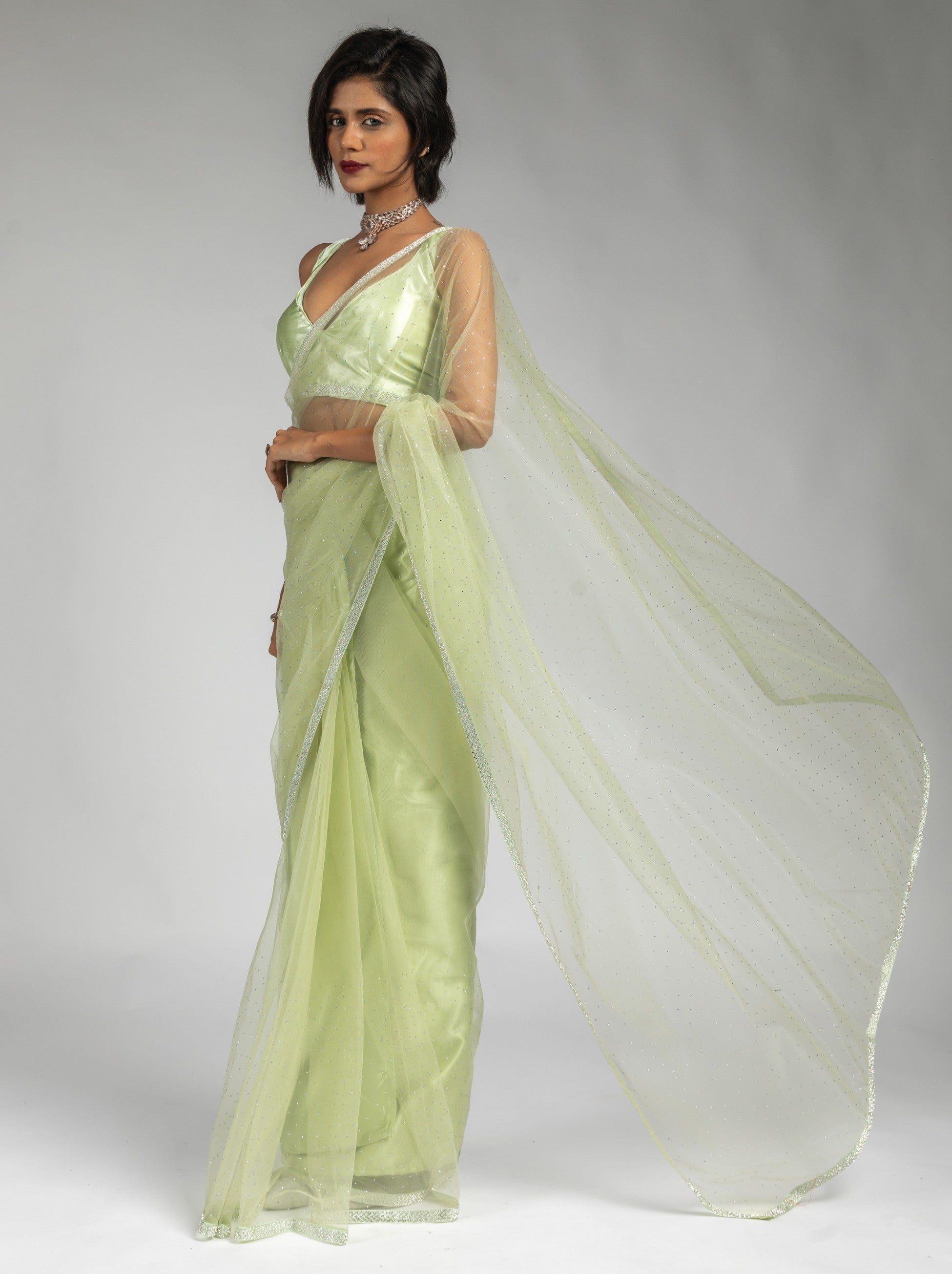 Tea Green Net Designer Ready to Wear Saree With Diamond Work - TrendOye