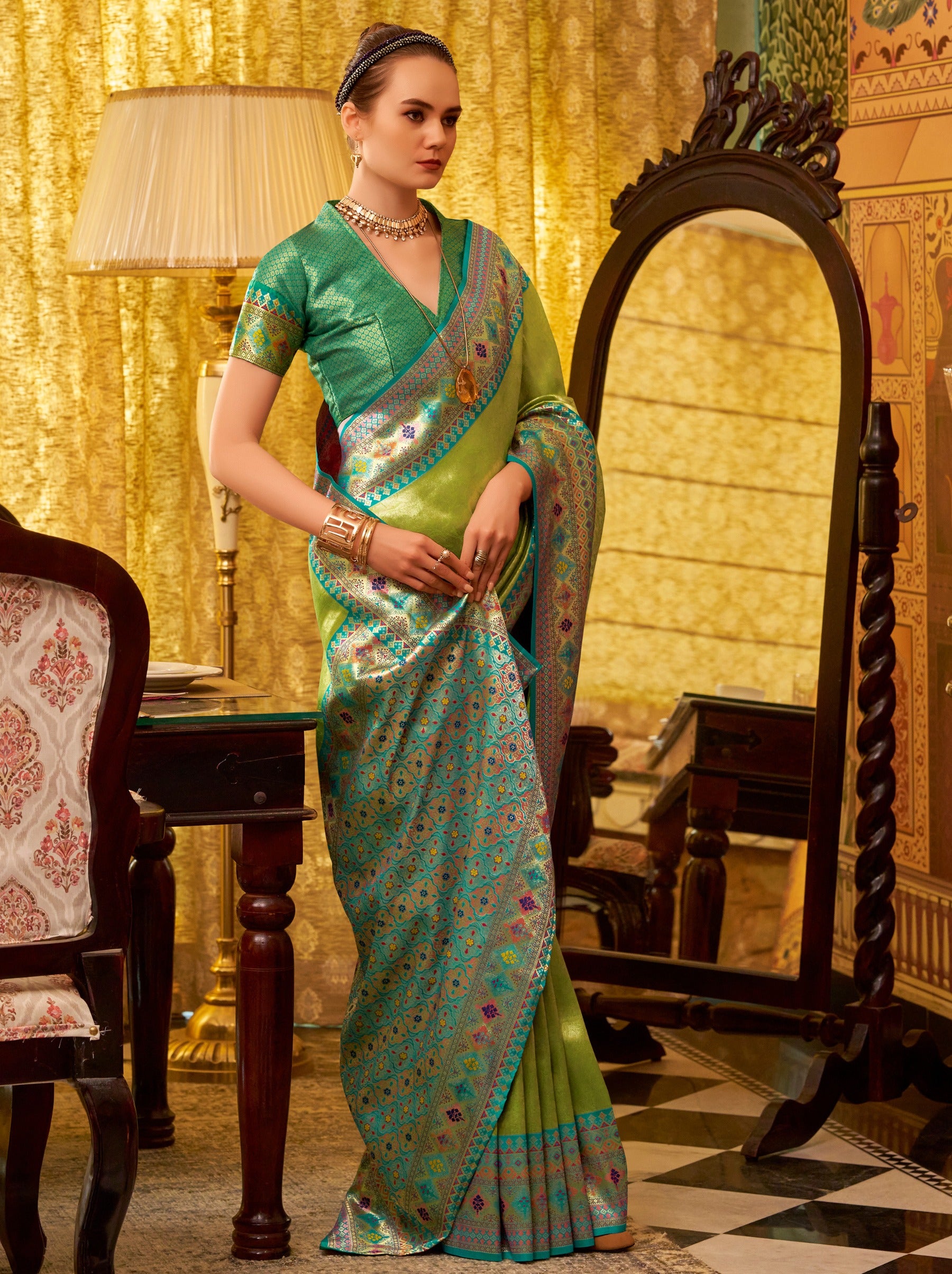 Pear Green Fancy Celebration Saree - TrendOye