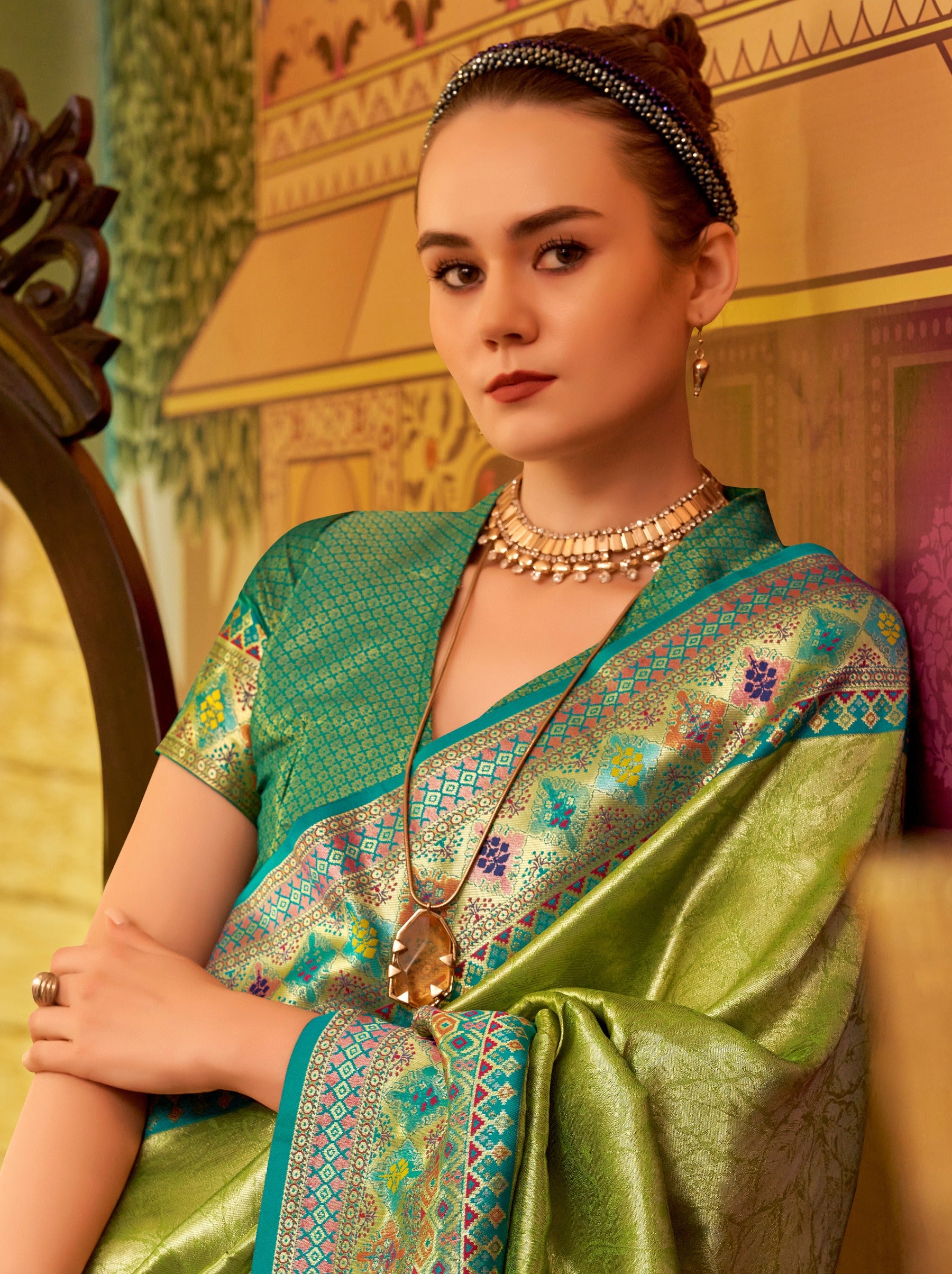 Pear Green Fancy Celebration Saree - TrendOye
