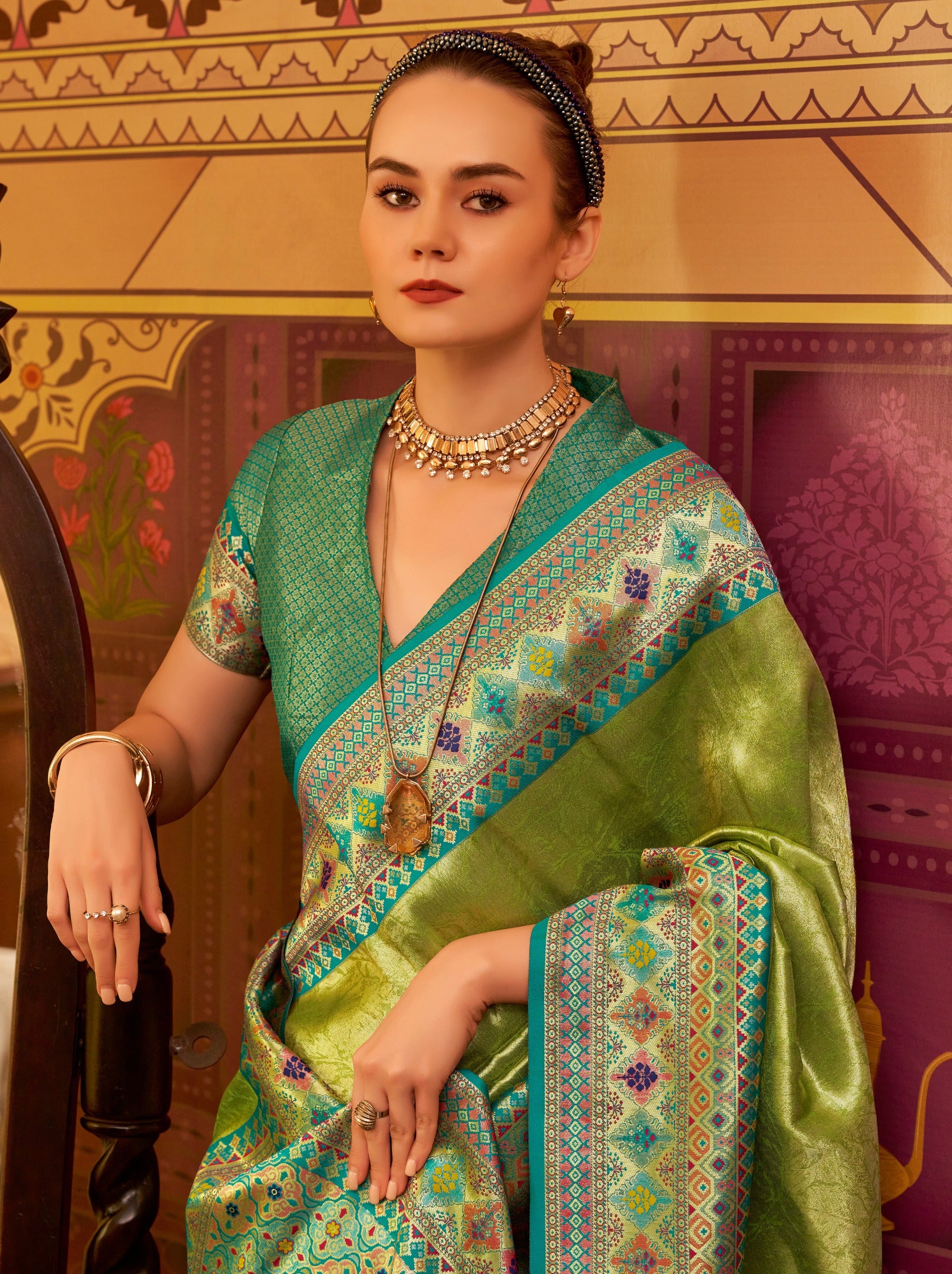 Pear Green Fancy Celebration Saree - TrendOye