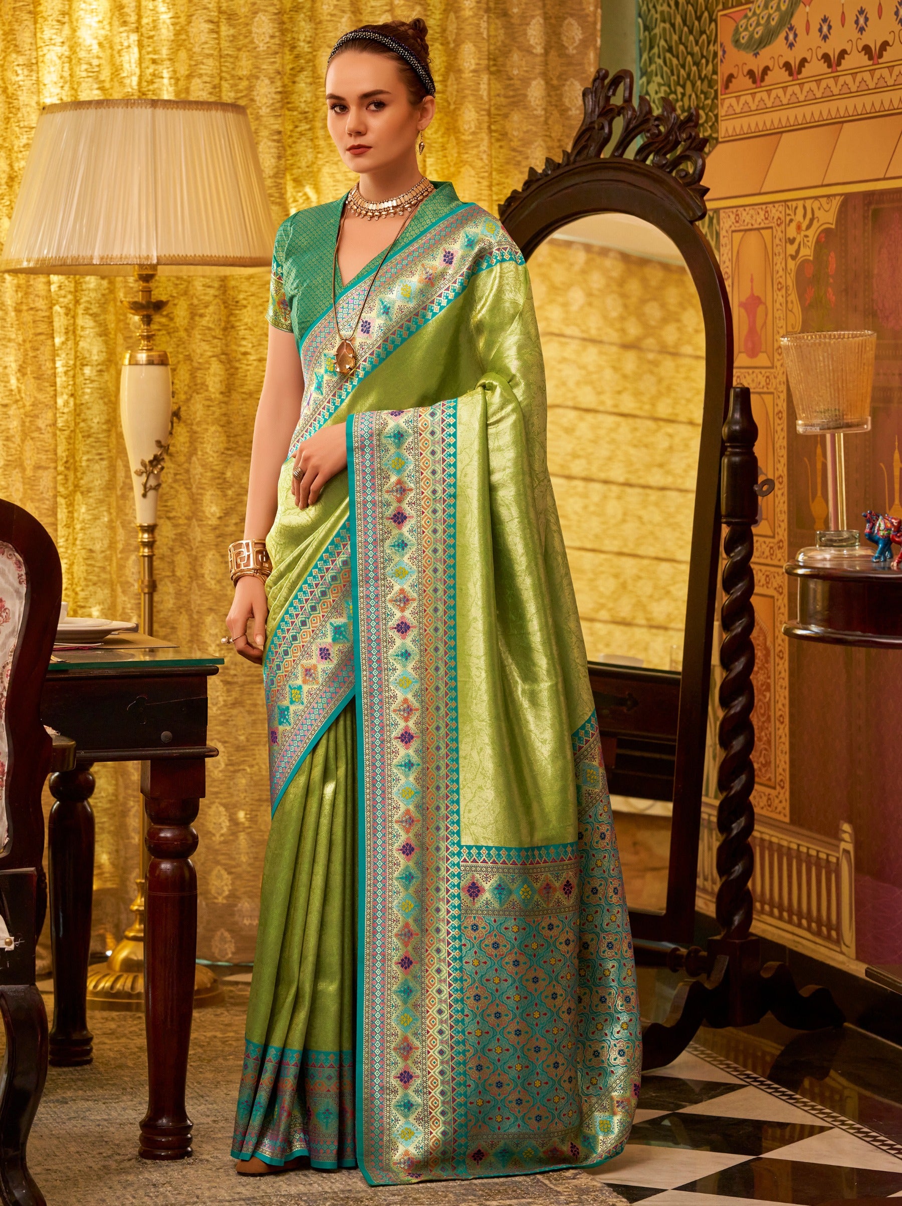 Pear Green Fancy Celebration Saree - TrendOye