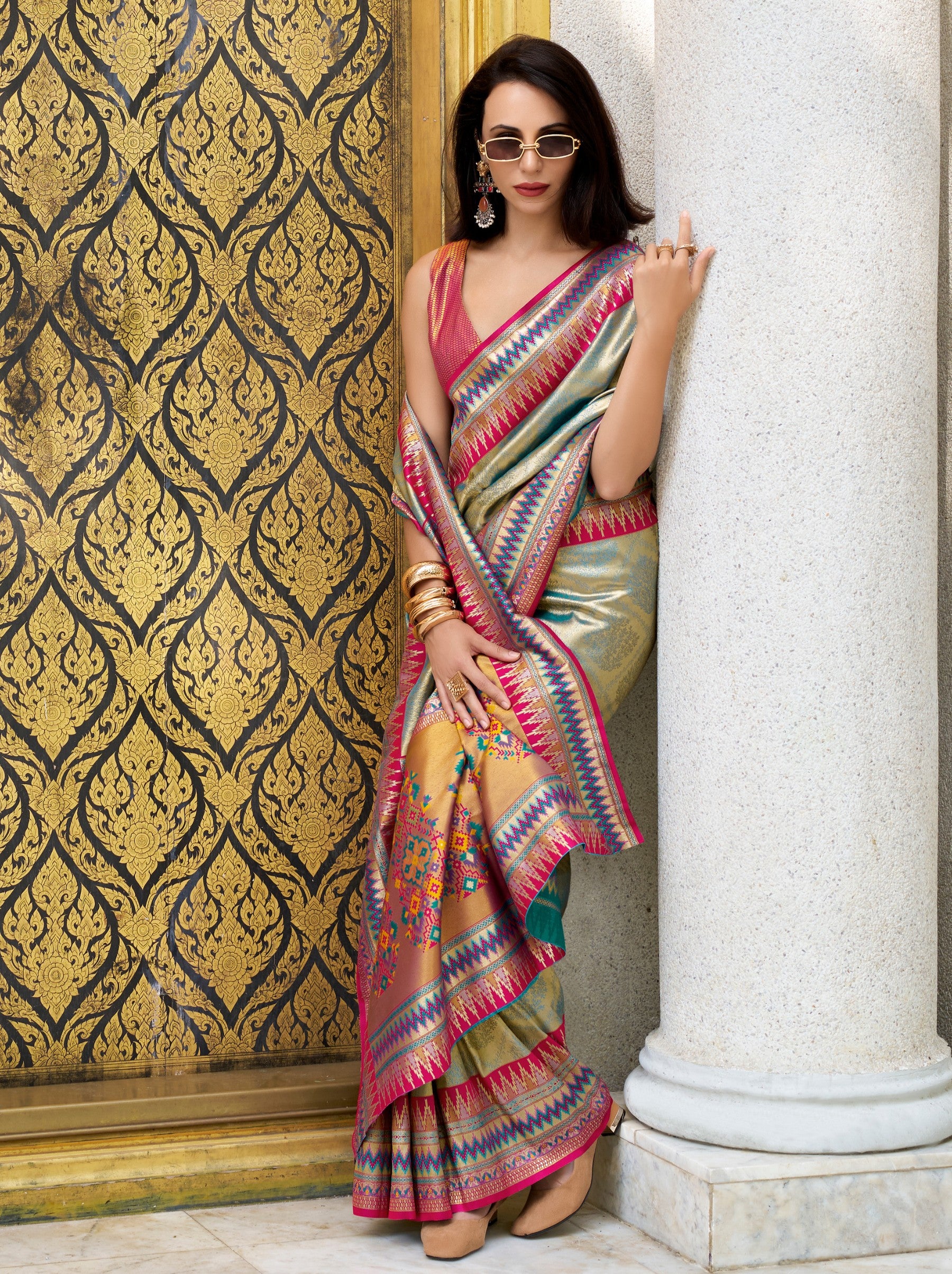 Pastel Green Tissue Celebration Saree - TrendOye