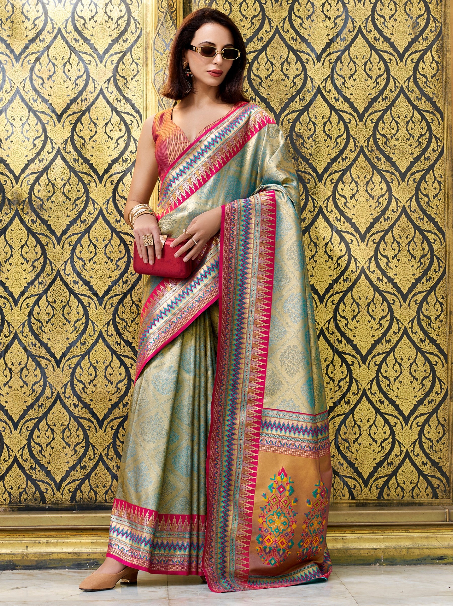 Pastel Green Tissue Celebration Saree - TrendOye