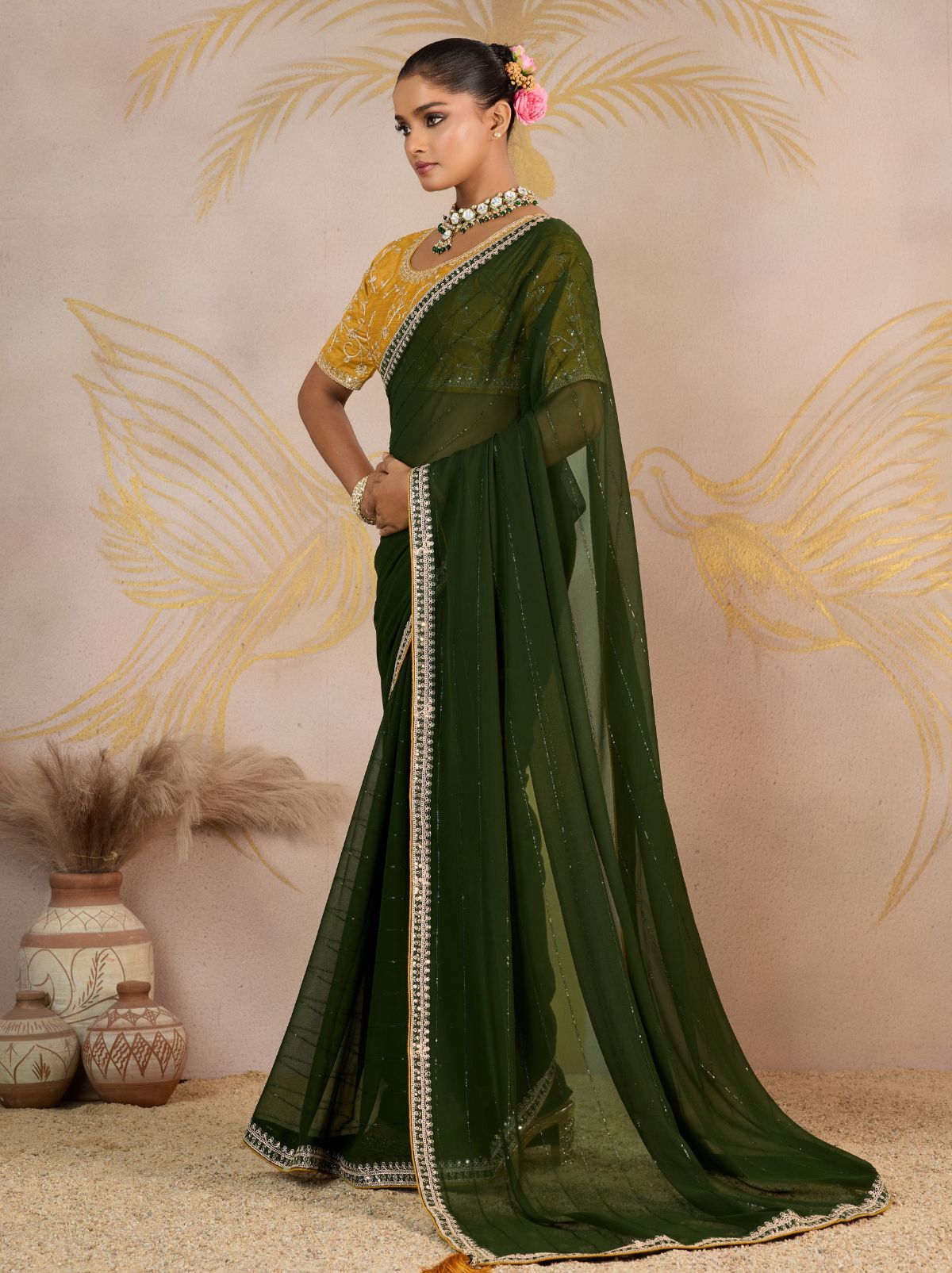 Jungle Green Georgette Silk Party Saree with Zari & Sequin Border
