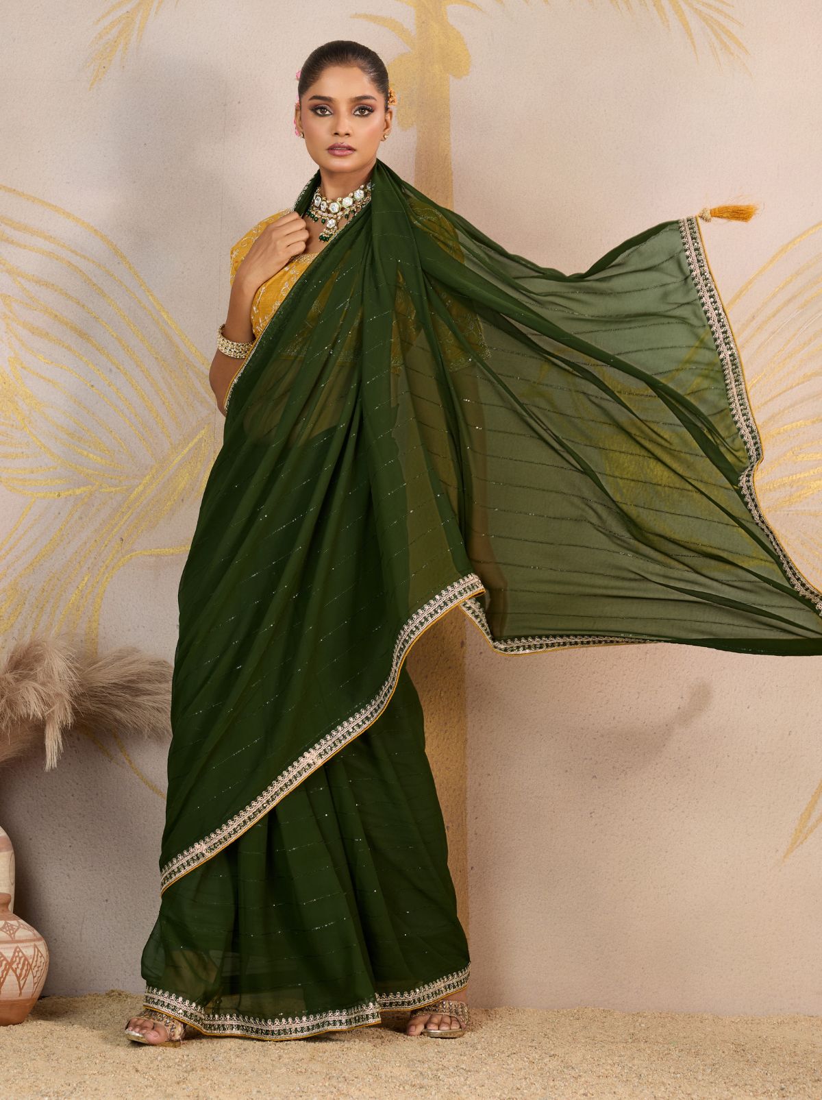 Jungle Green Georgette Silk Party Saree with Zari & Sequin Border