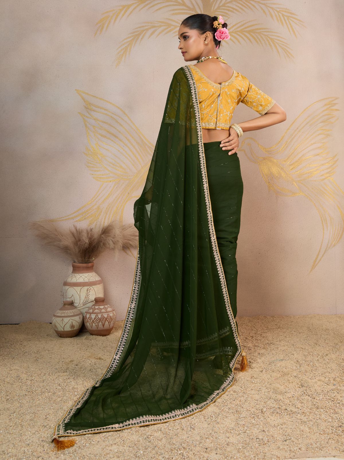 Jungle Green Georgette Silk Party Saree with Zari & Sequin Border