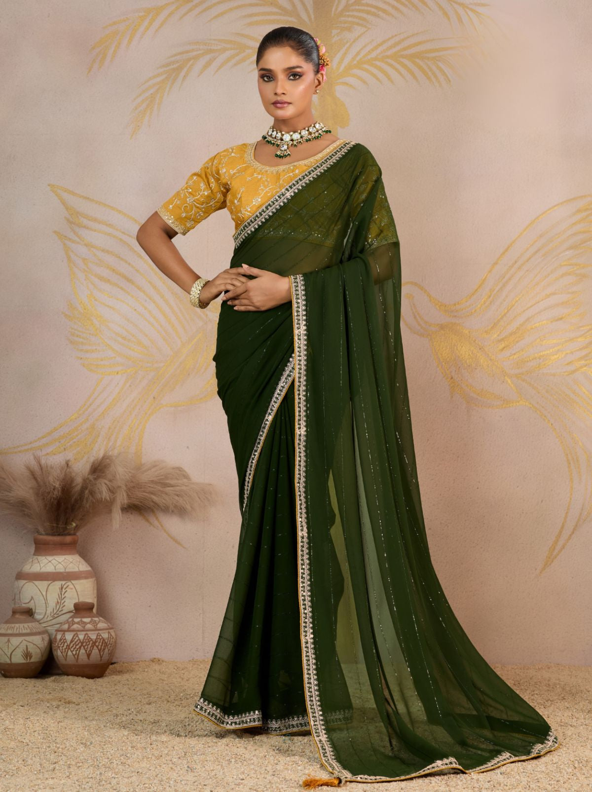 Jungle Green Georgette Silk Party Saree with Zari & Sequin Border