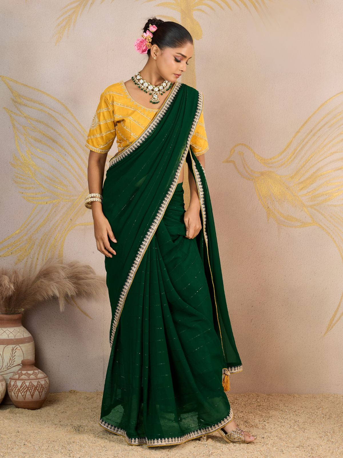 Sacramento Green Georgette Silk Party Saree with Zari & Sequin Border