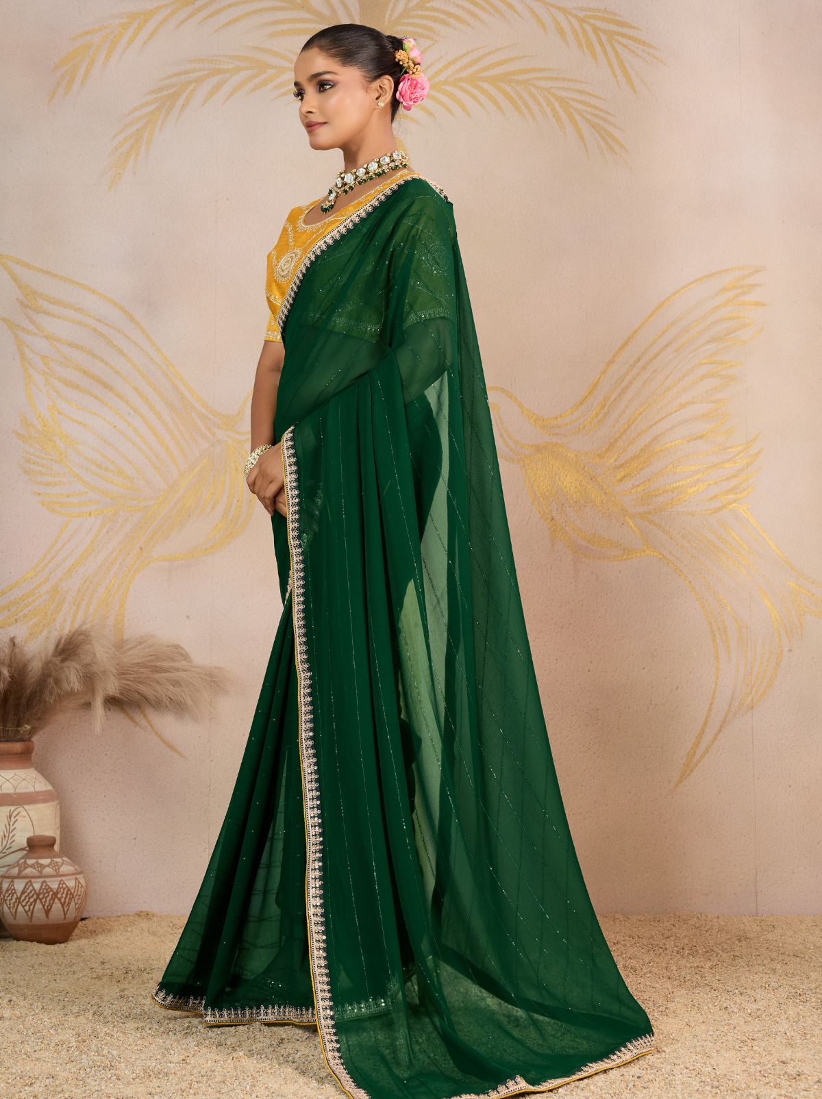 Sacramento Green Georgette Silk Party Saree with Zari & Sequin Border