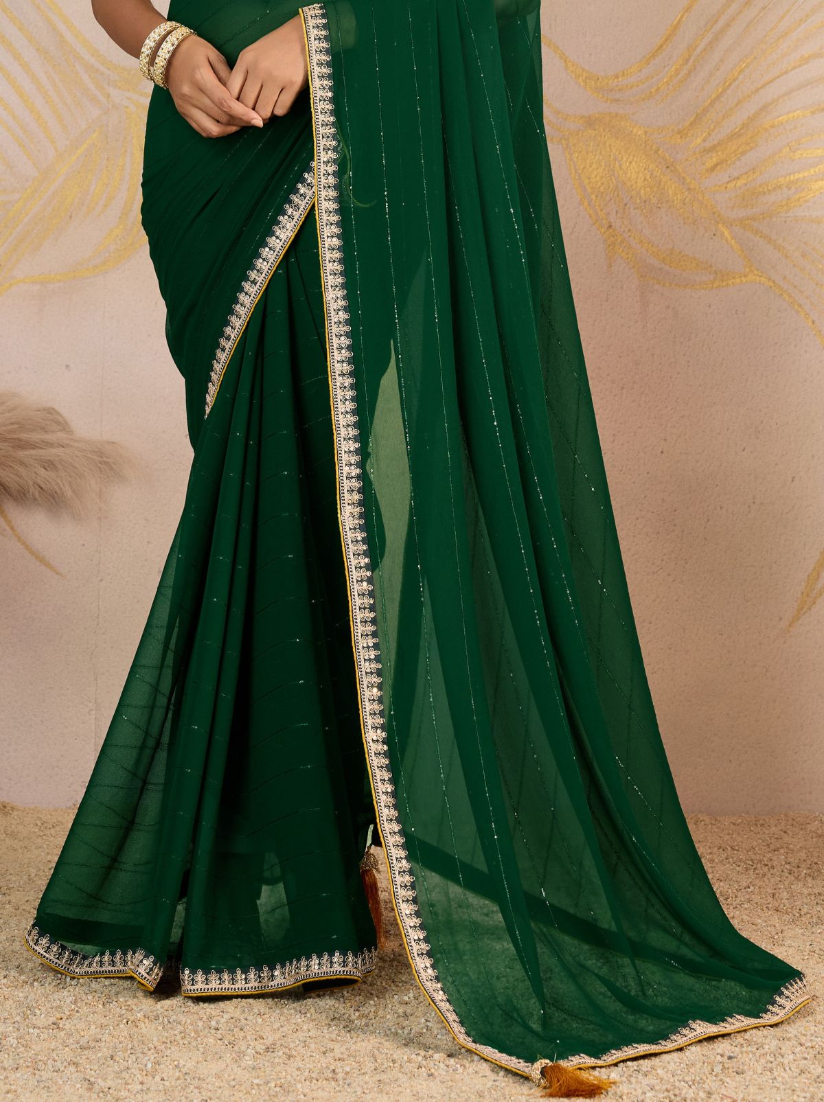 Sacramento Green Georgette Silk Party Saree with Zari & Sequin Border