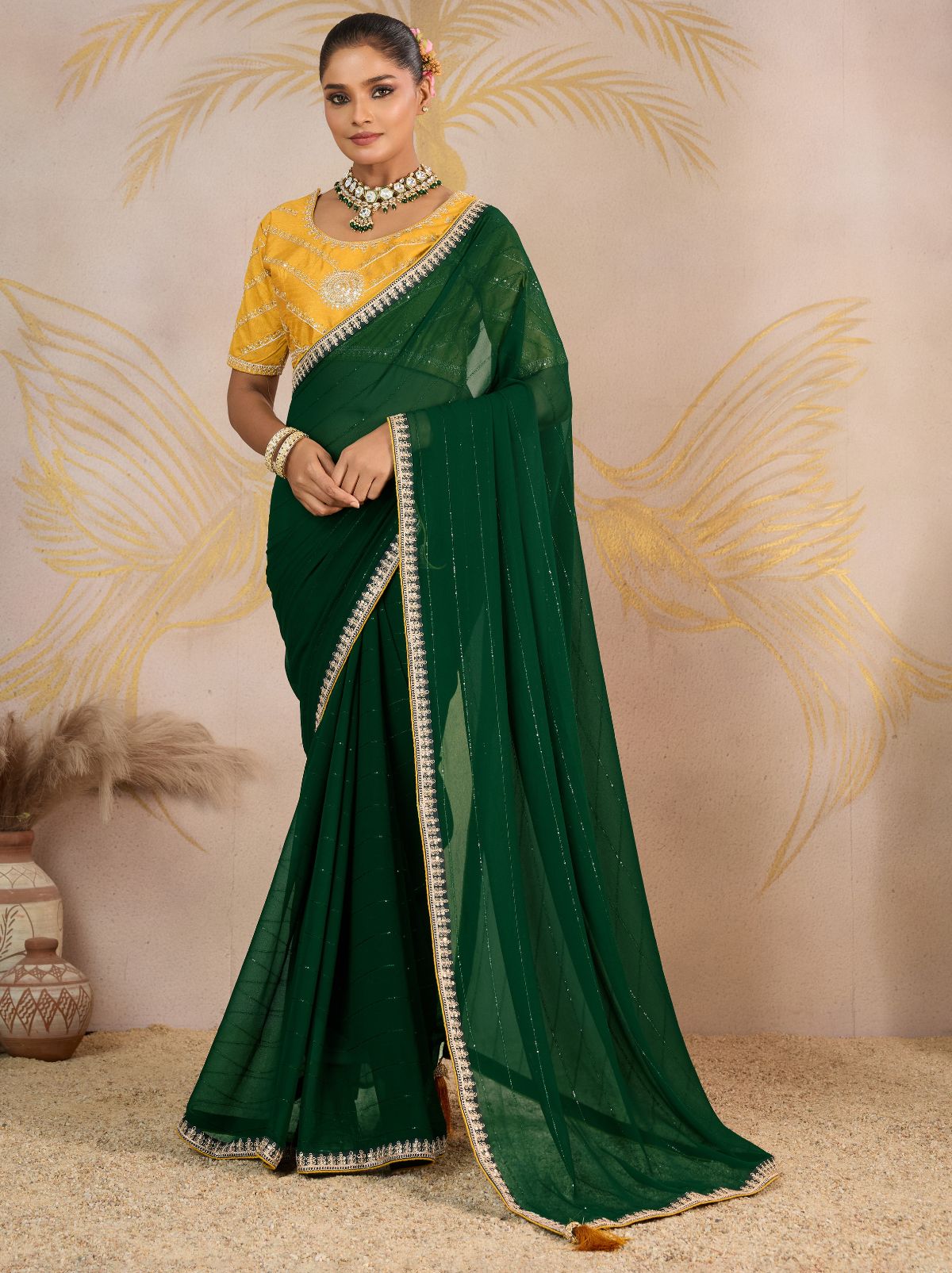 Sacramento Green Georgette Silk Party Saree with Zari & Sequin Border