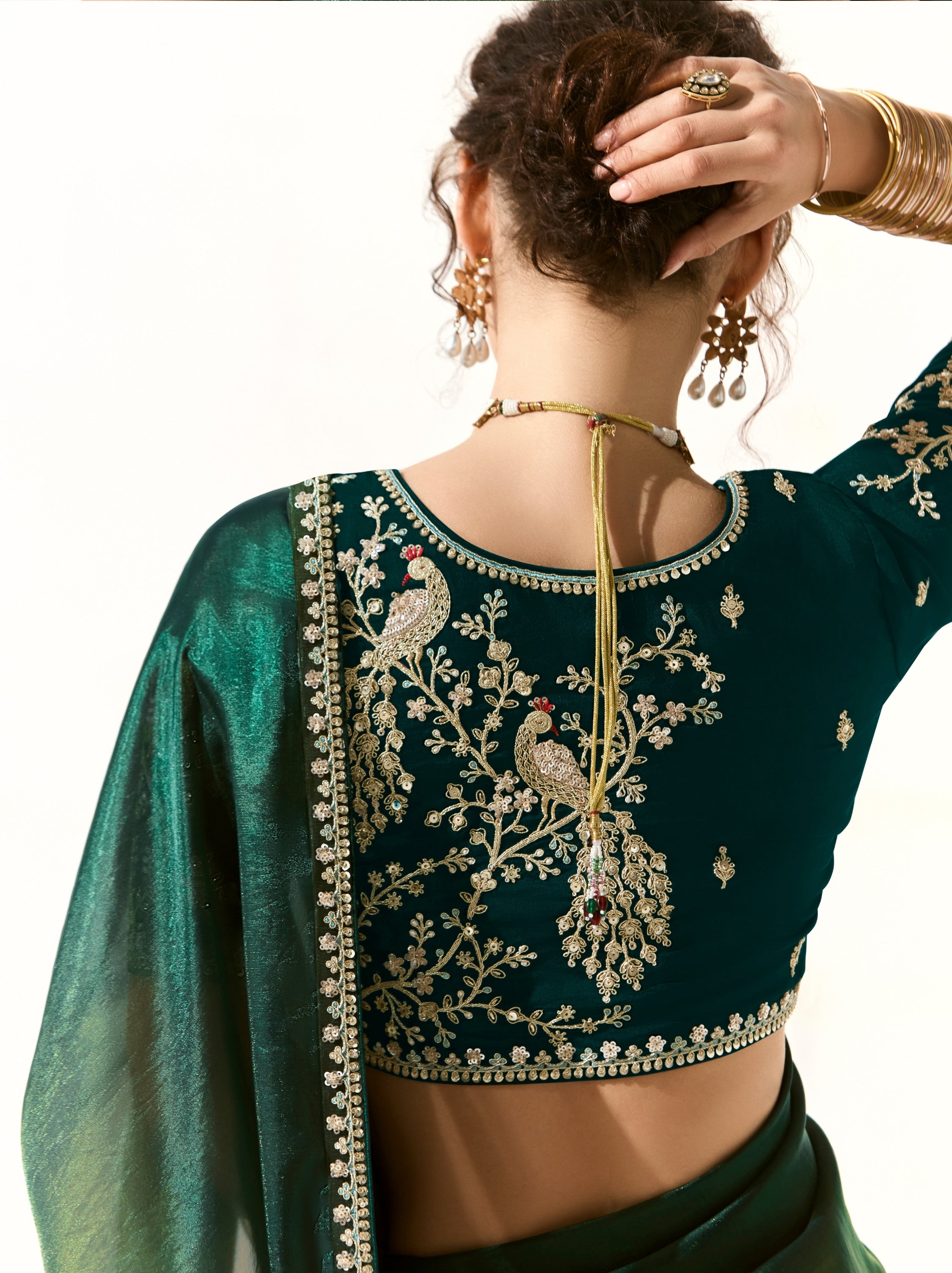 Dual Tone Green-Gold Organza Tissue Fancy Designer Saree With Blouse Piece