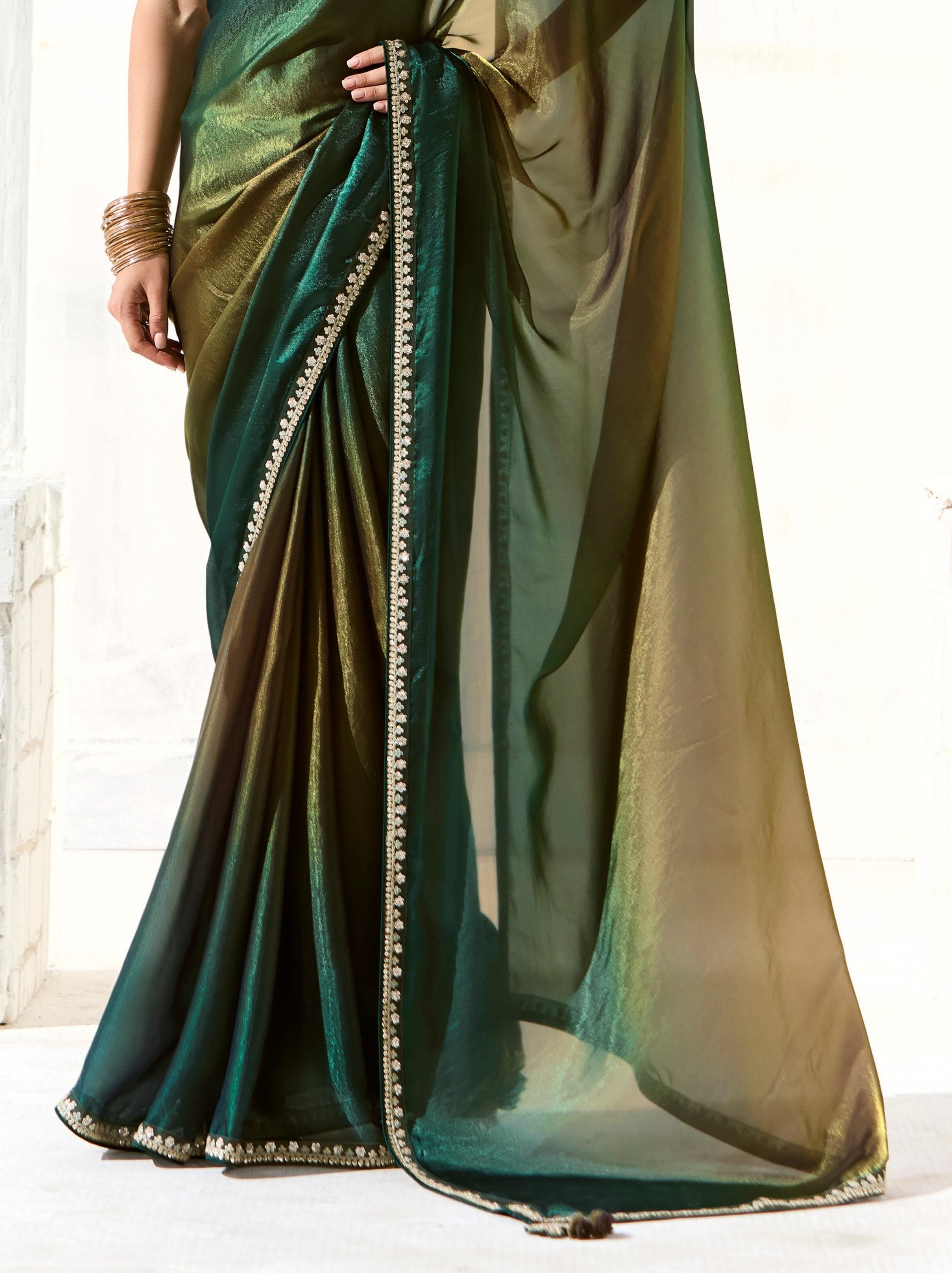 Dual Tone Green-Gold Organza Tissue Fancy Designer Saree With Blouse Piece