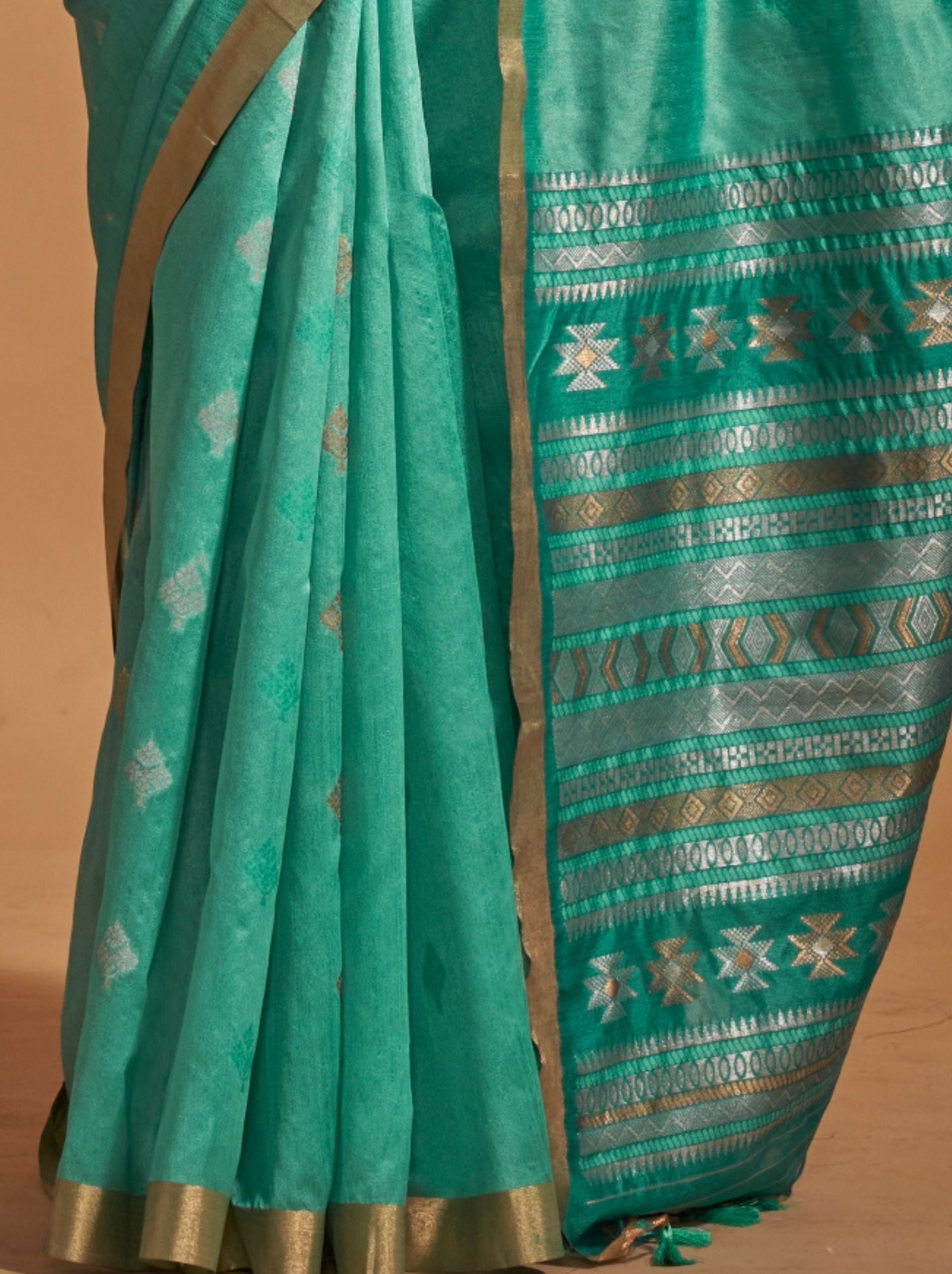 Turquoise Blue Designer Silk Blended Saree - TrendOye